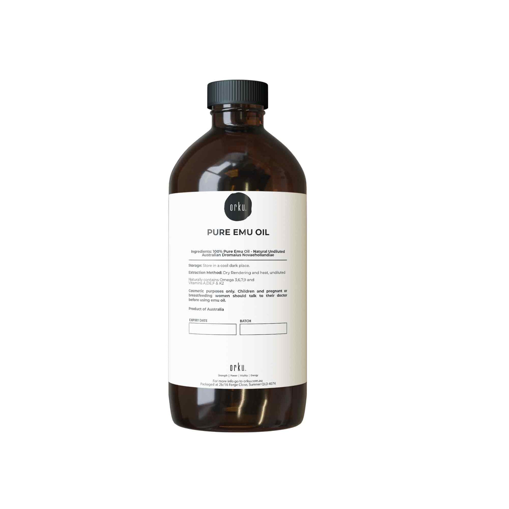 Bottle of pure emu oil with a label on a white background