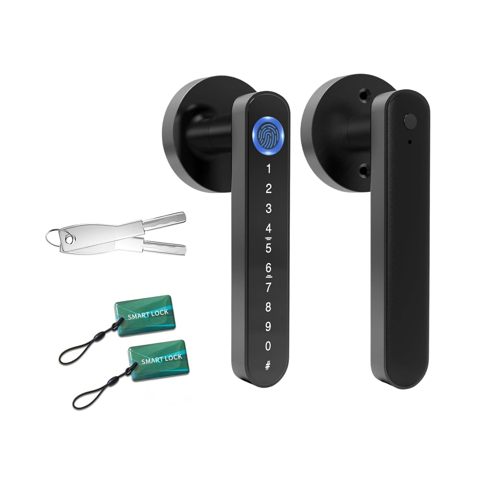 Black digital door lock with fingerprint sensor and batteries on a white background