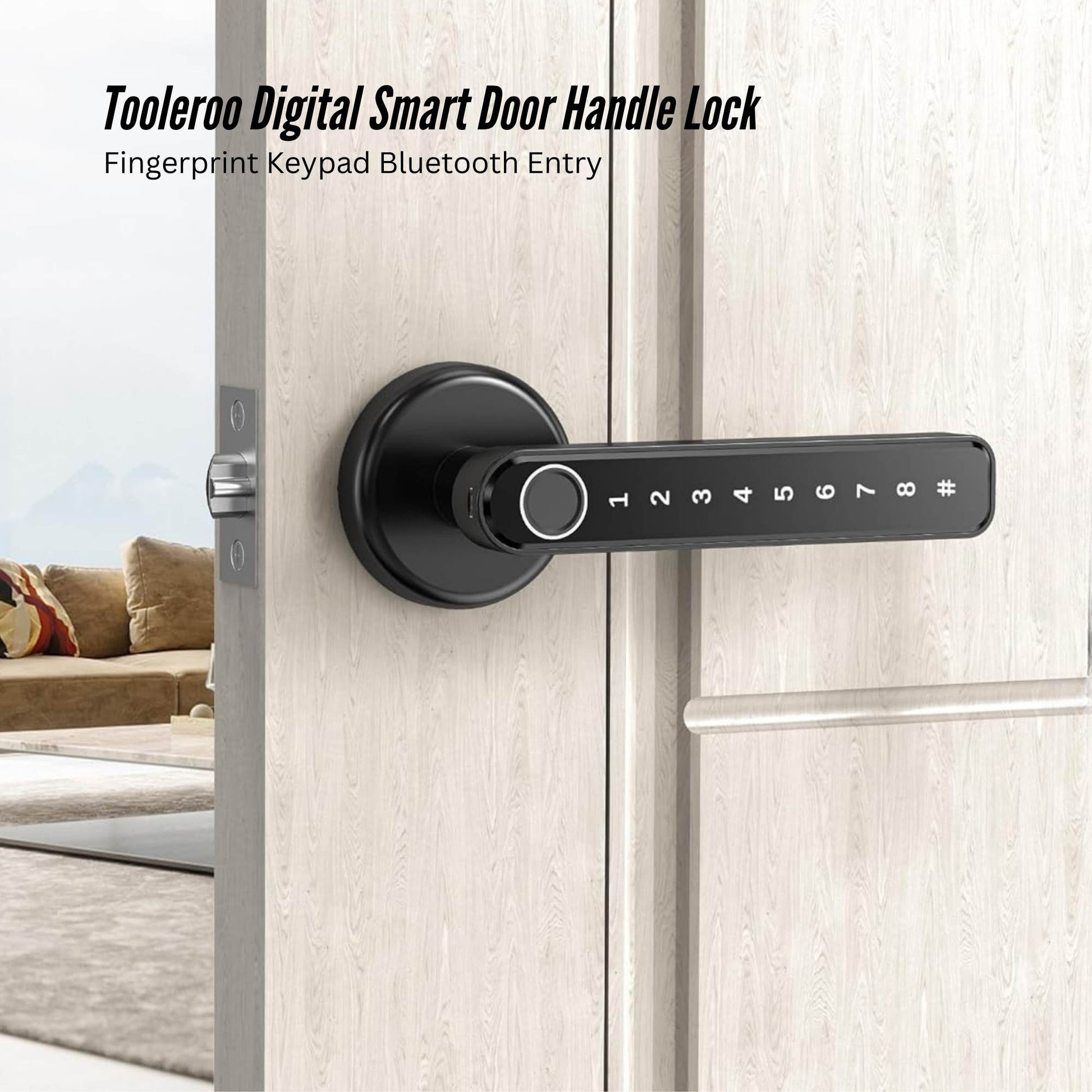 Tooleroo Digital Smart Door Handle Lock on a door with a living room in the background