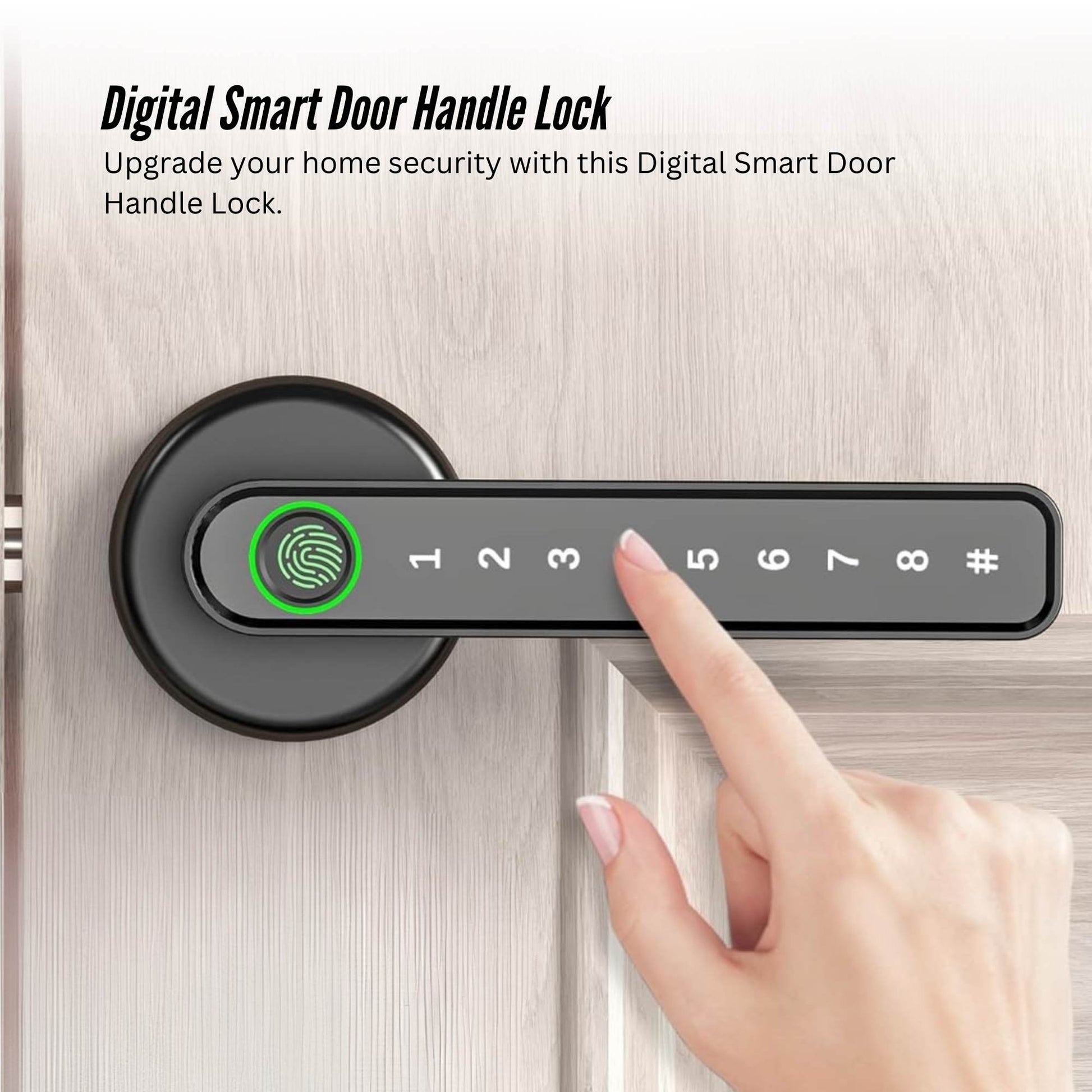 Digital smart door handle lock with fingerprint sensor on a wooden door, hand interacting with it.