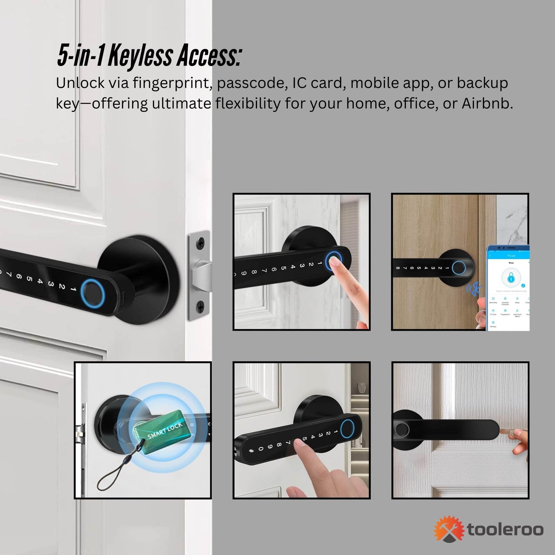 Smart door lock with 5-in-1 keyless access features on a gray background