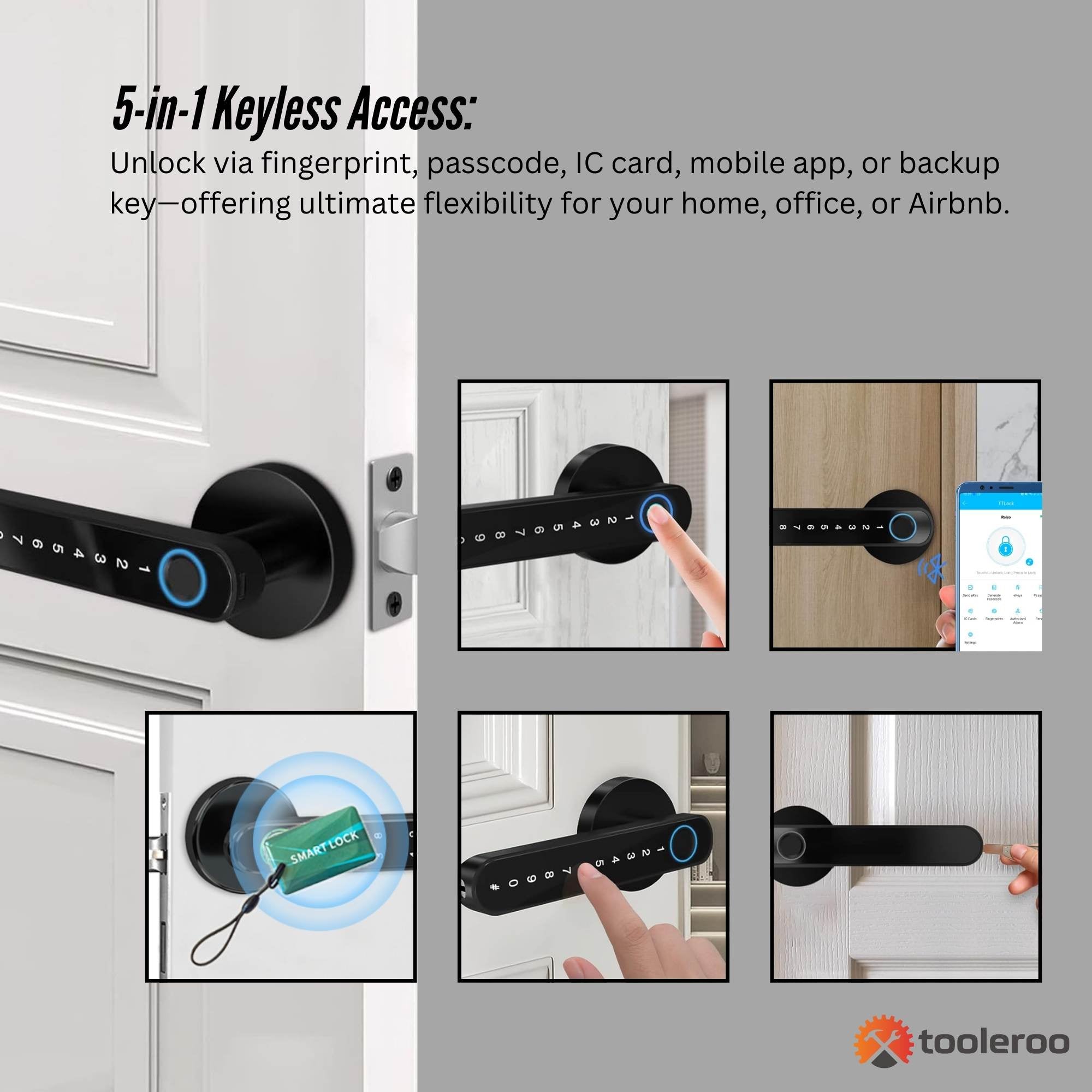 Smart door lock with 5-in-1 keyless access features on a gray background