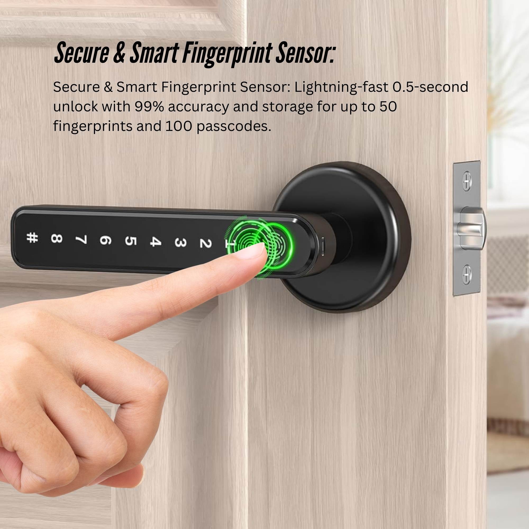 Smart door lock with fingerprint sensor being used on a wooden door.