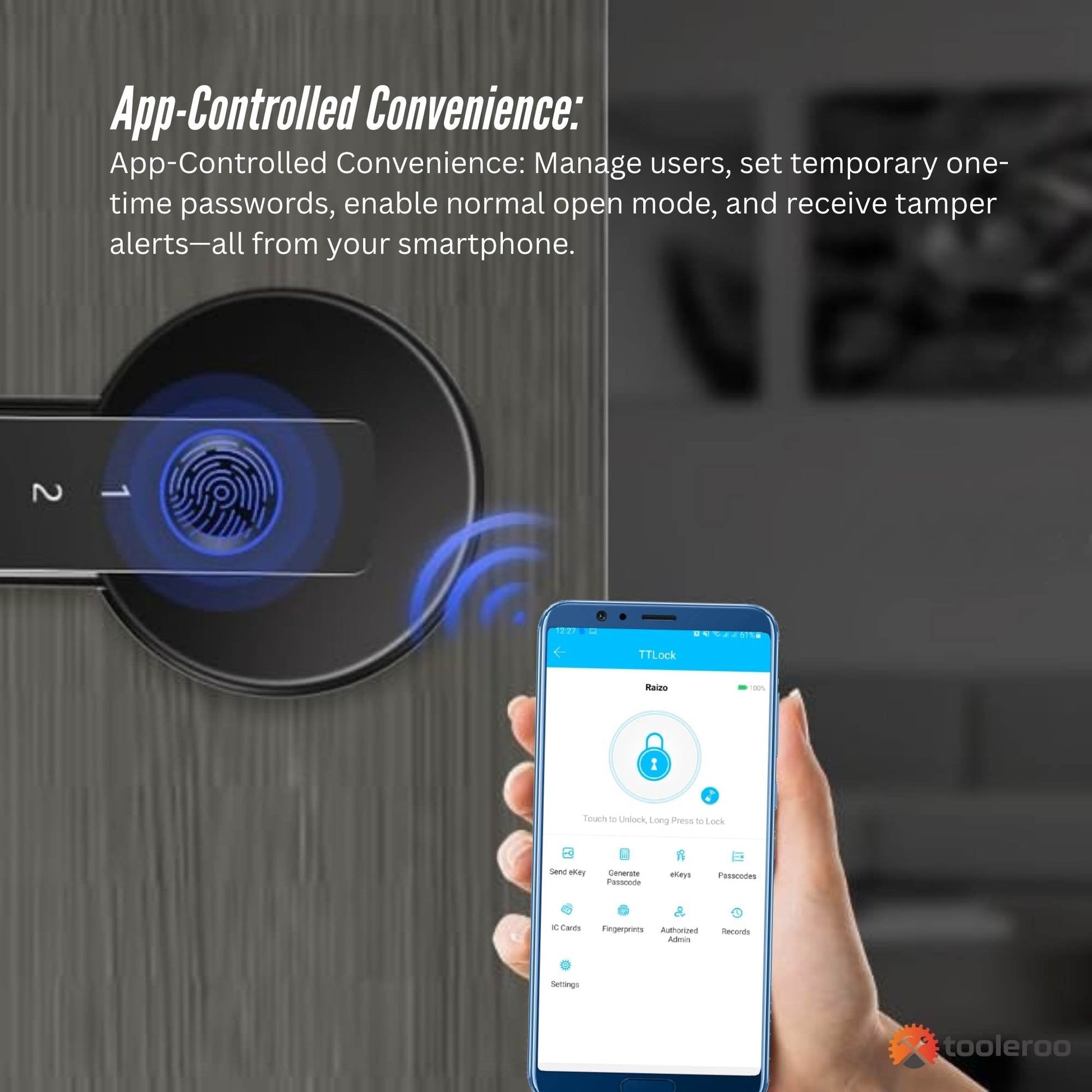 Smart lock with fingerprint reader and smartphone app interface, featuring text about app-controlled convenience.