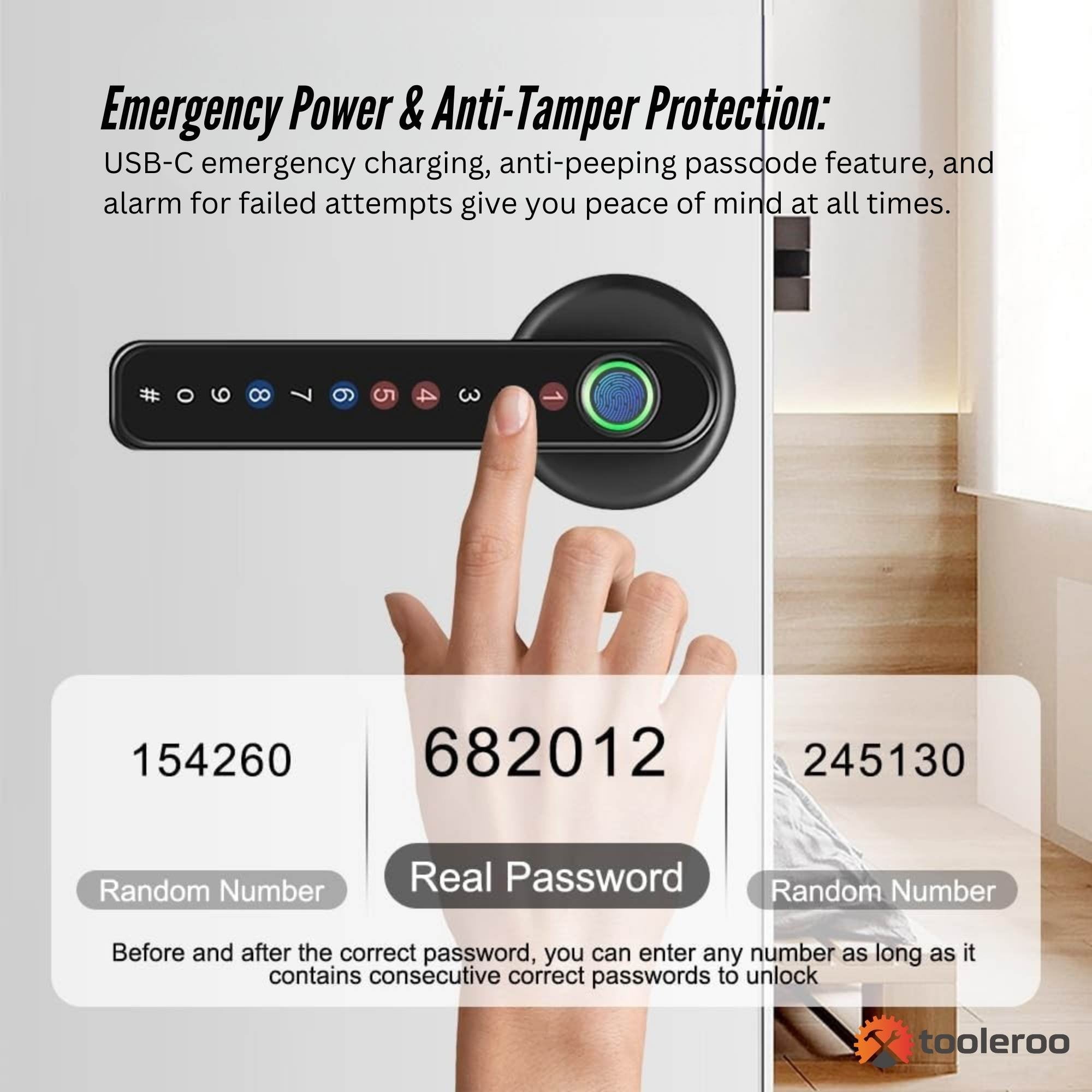 Digital lock with USB-C emergency charging and passcode feature, showing a hand entering a password.