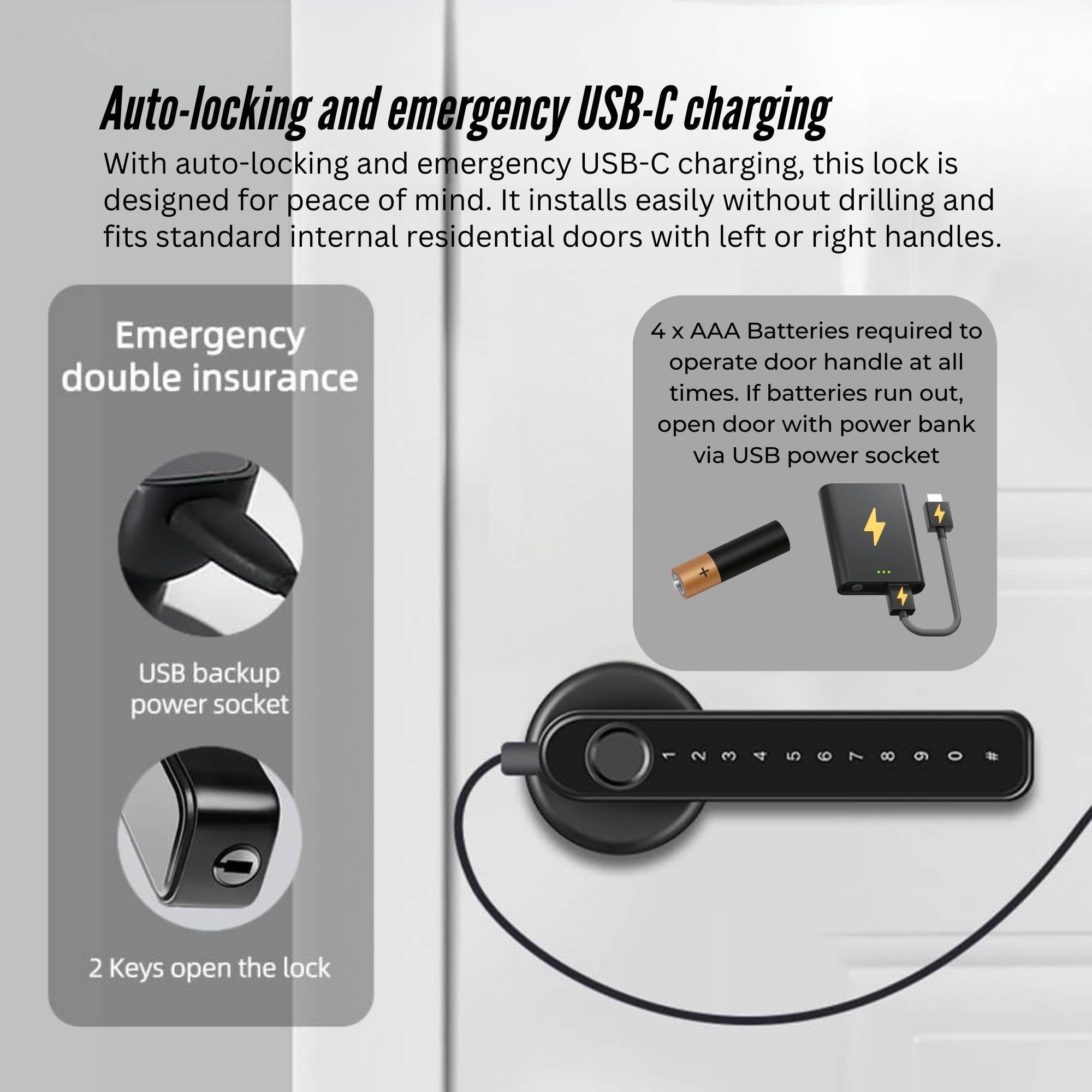 Door lock with USB-C charging and emergency features on a gray background