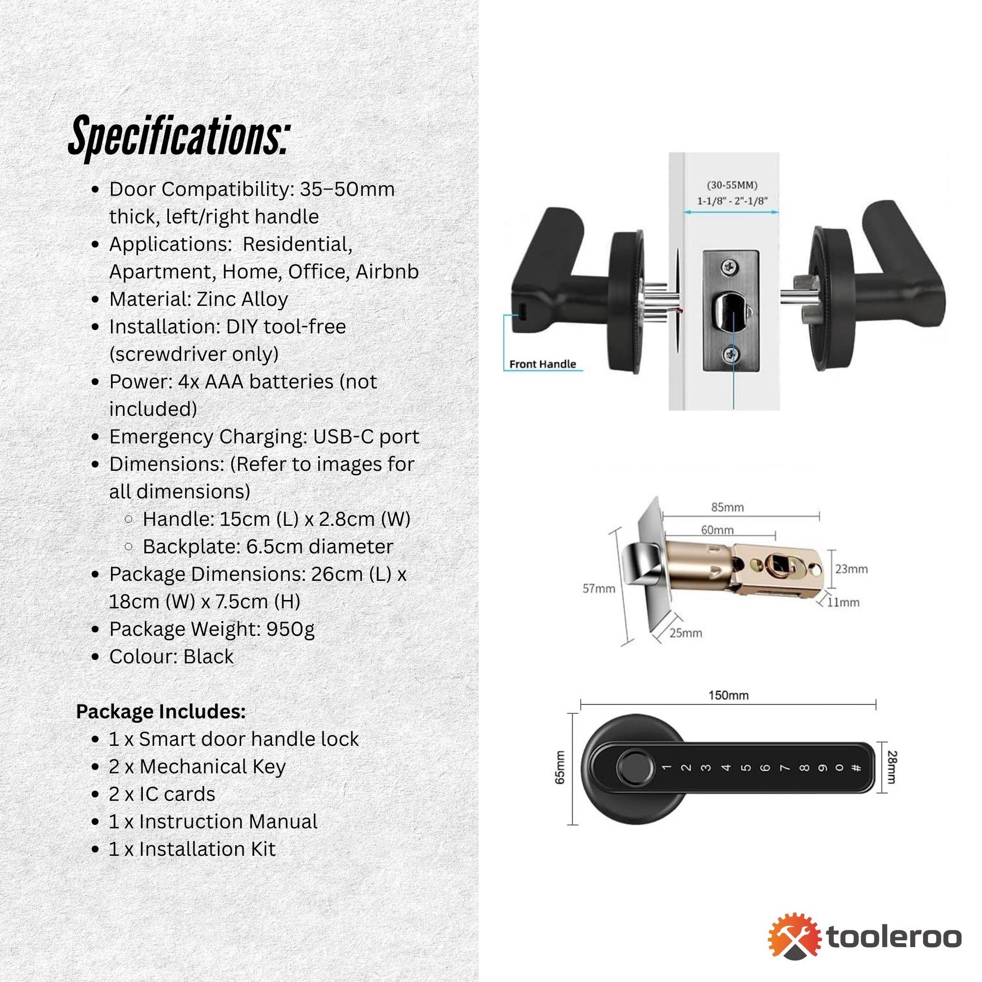 Smart door handle lock with specifications and features on a white background