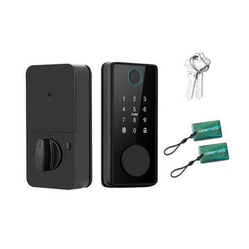 Black electronic door lock set with keys and battery packs on a white background