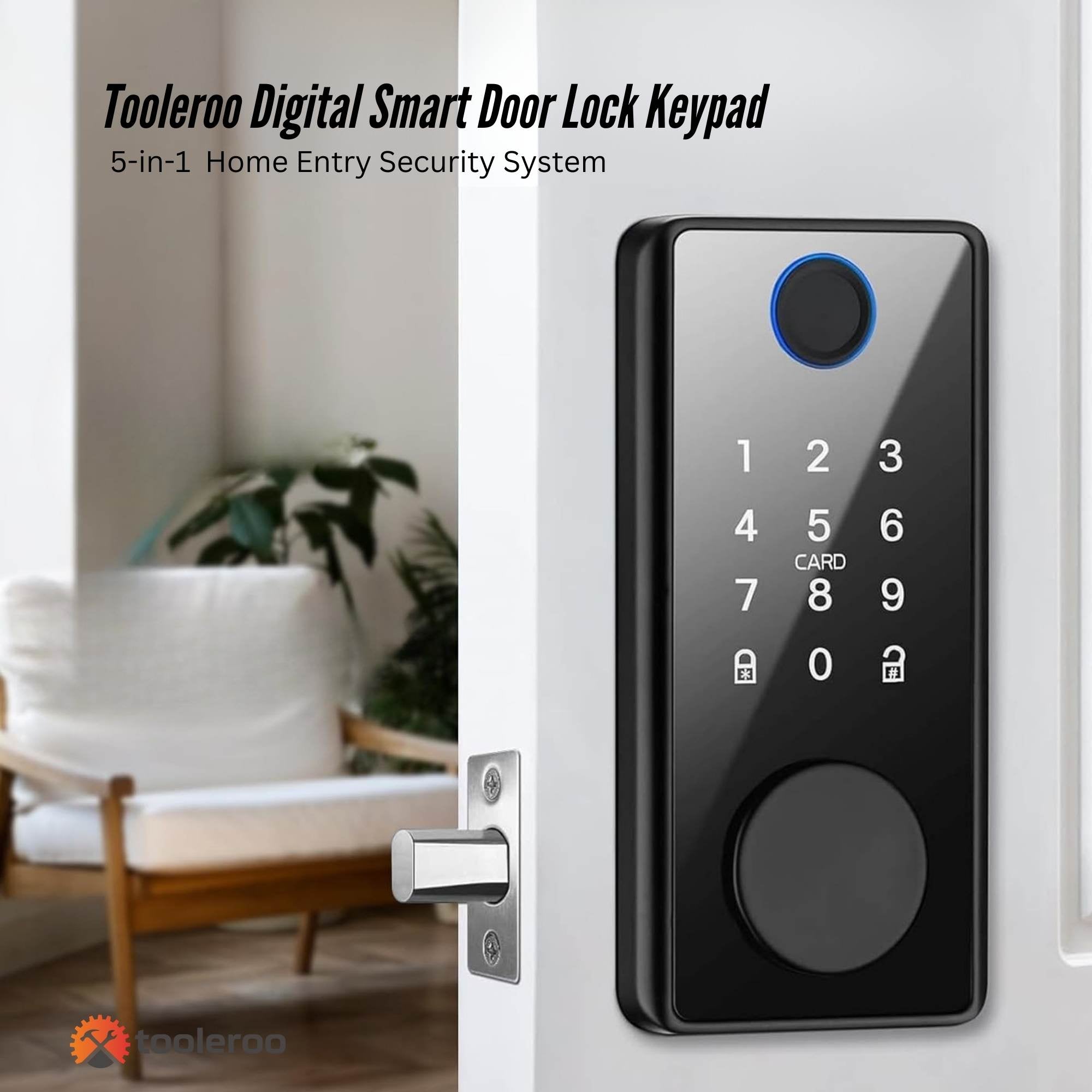 Tooleroo digital smart door lock keypad on a white door with a modern interior background.