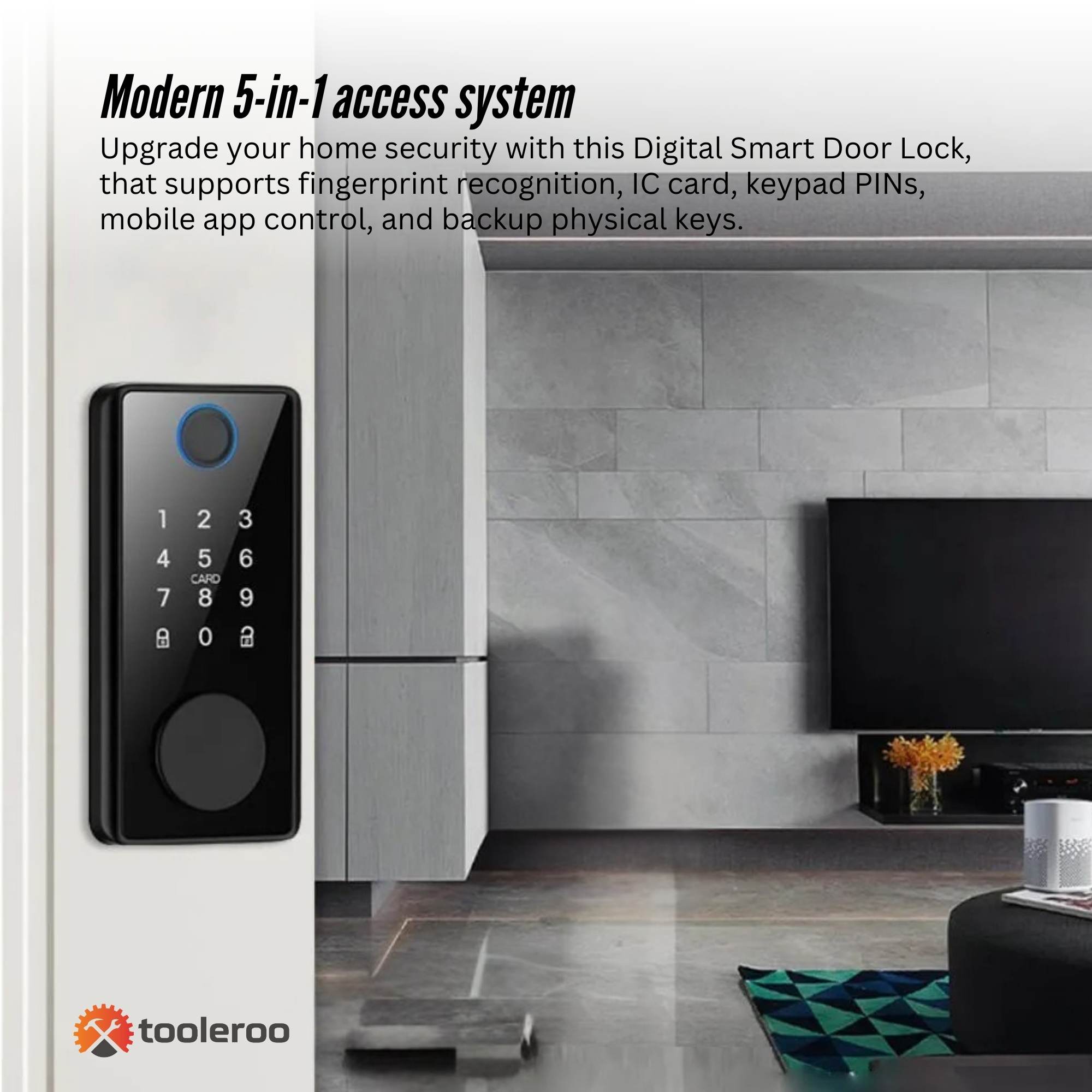 Digital smart door lock with modern home interior background, featuring Tooleroo branding.