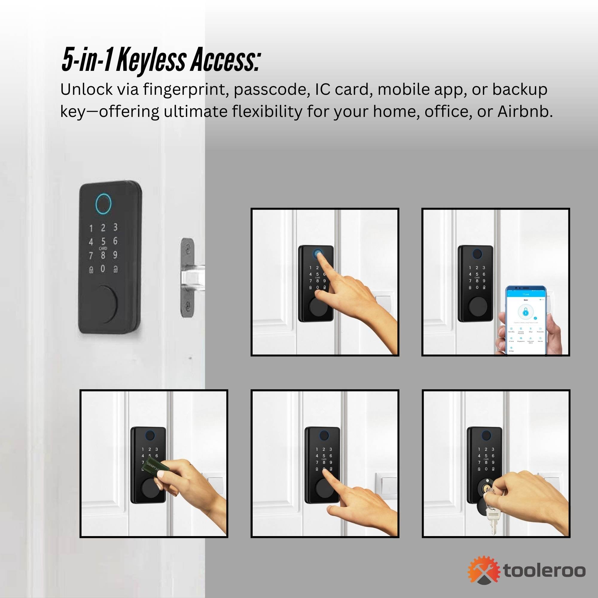 Digital door lock with 5-in-1 keyless access features on a white background