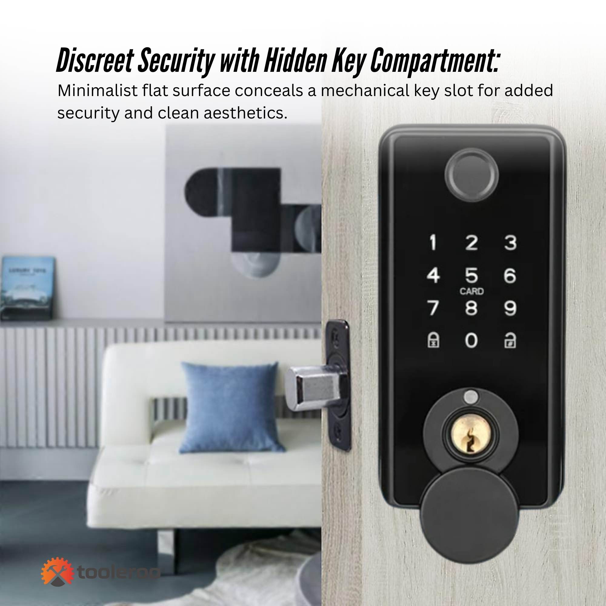 Smart door lock with digital keypad on a door, featuring text about security and aesthetics.