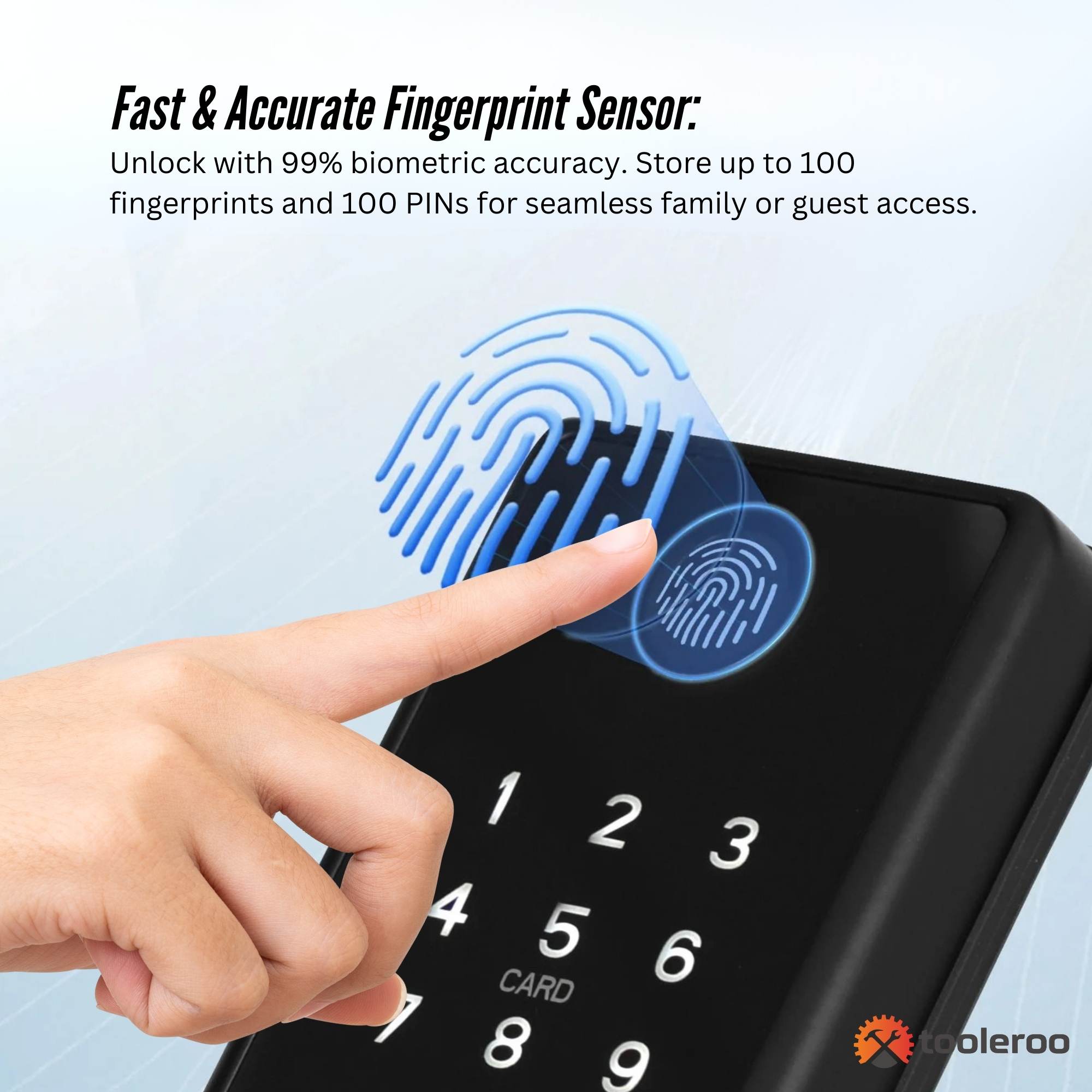 Fingerprint sensor with a hand pressing a fingerprint, text about accuracy and storage capacity, Coolaroo logo.