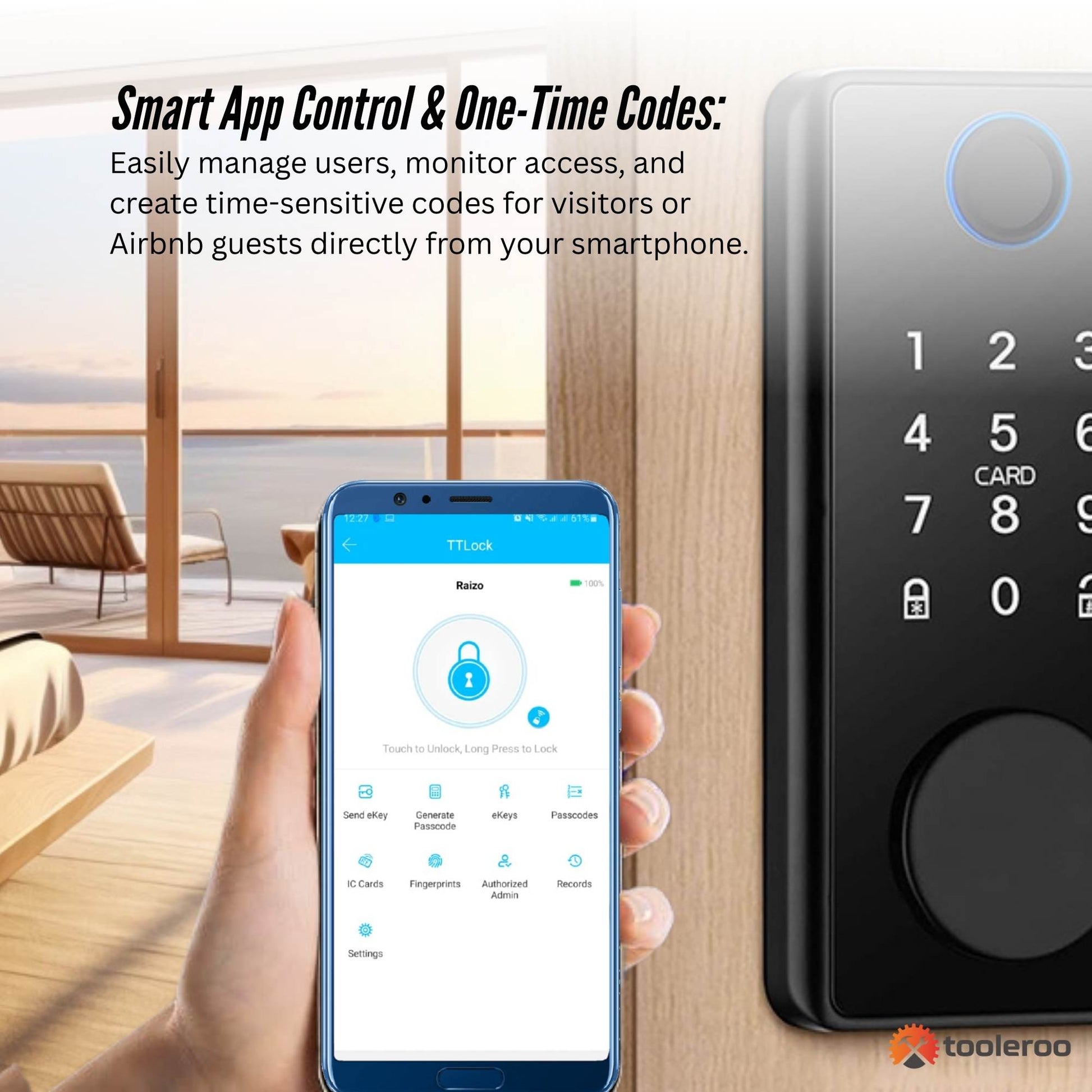 Smart lock with smartphone app on a modern living room background