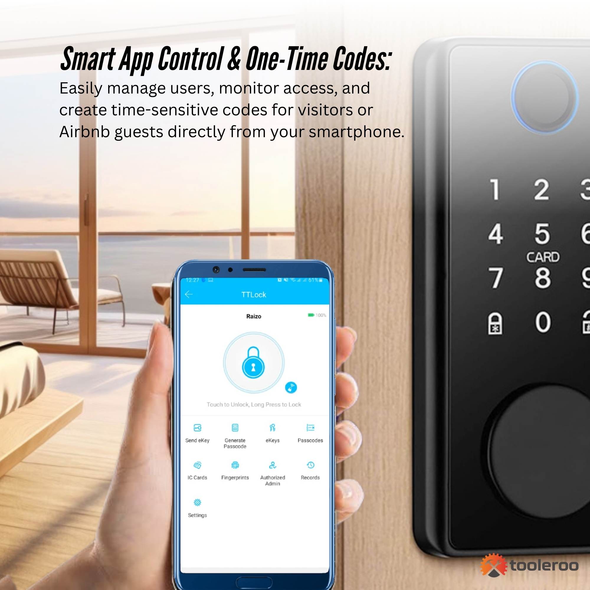 Smart lock with smartphone app on a modern living room background