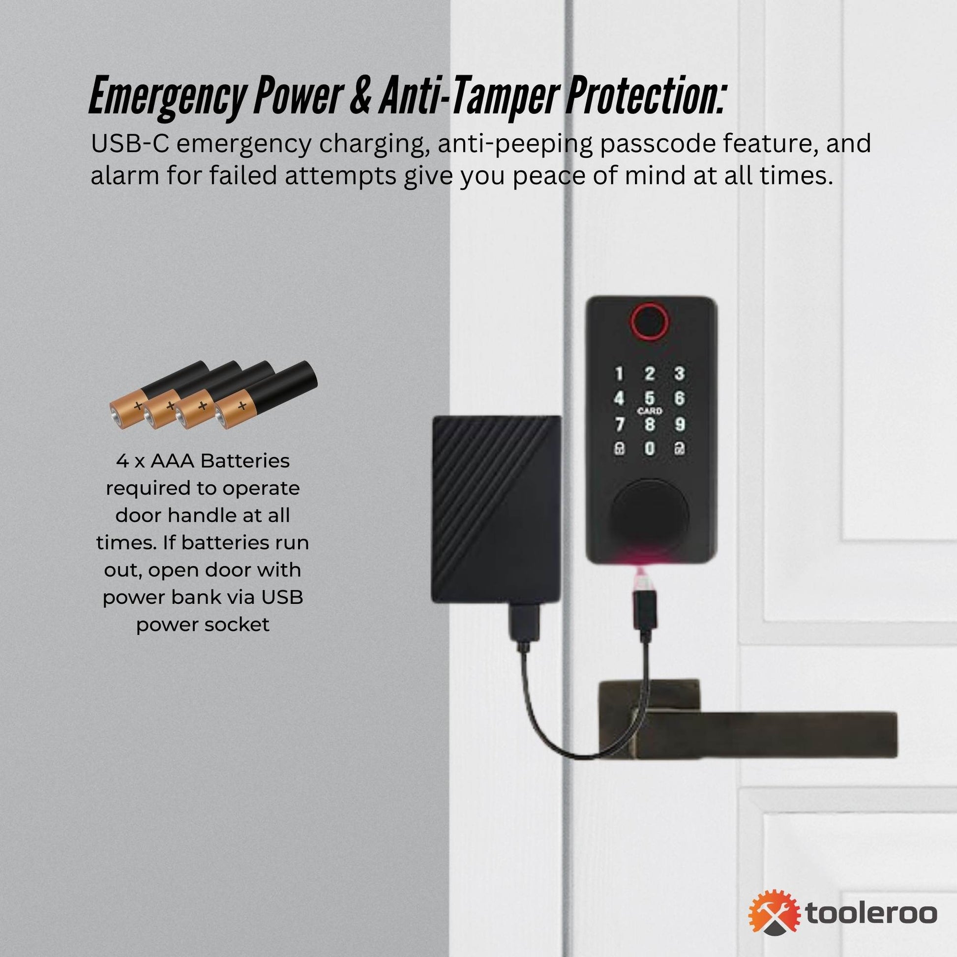 Digital door lock with USB-C charging and emergency power features on a white door.