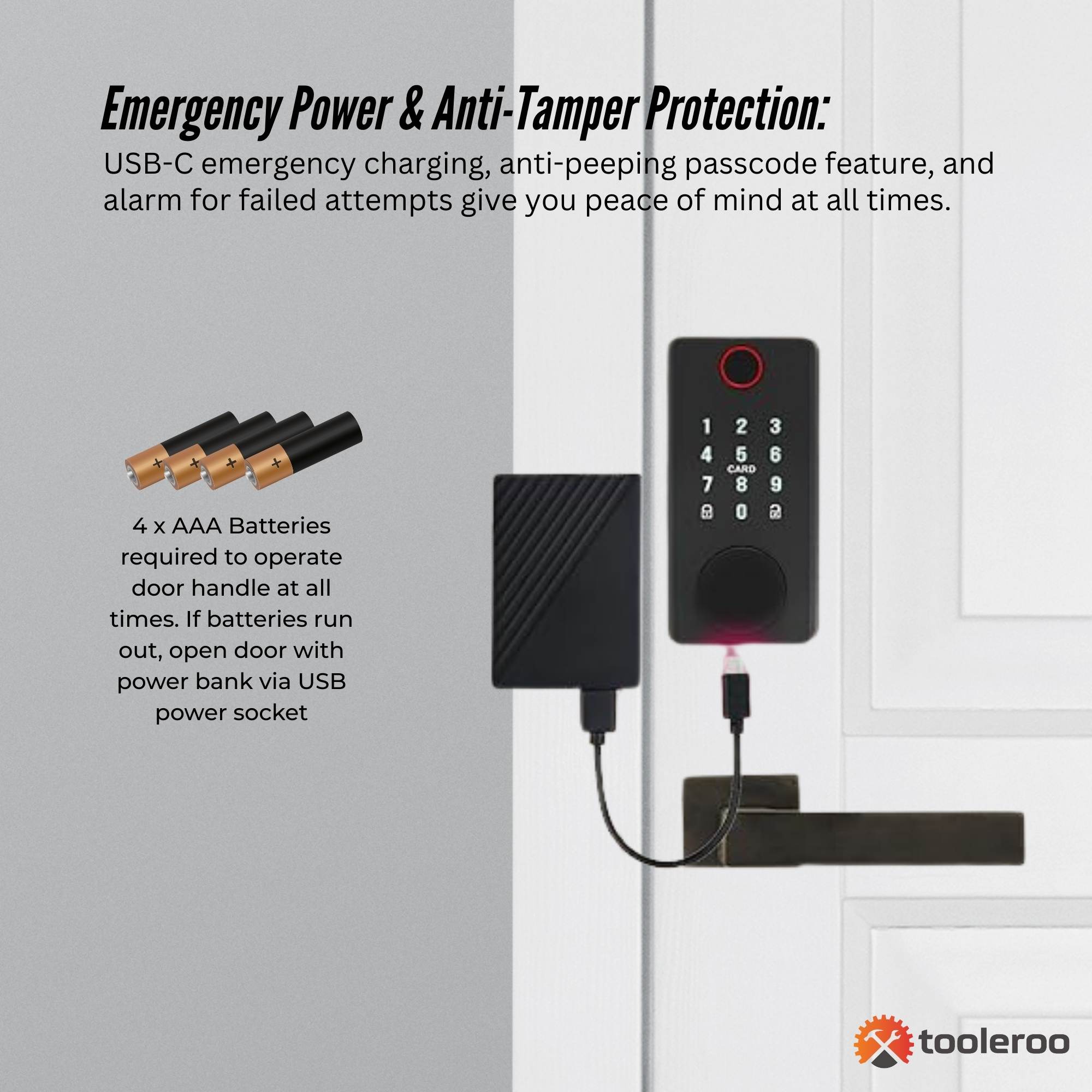 Digital door lock with USB-C charging and emergency power features on a white door.