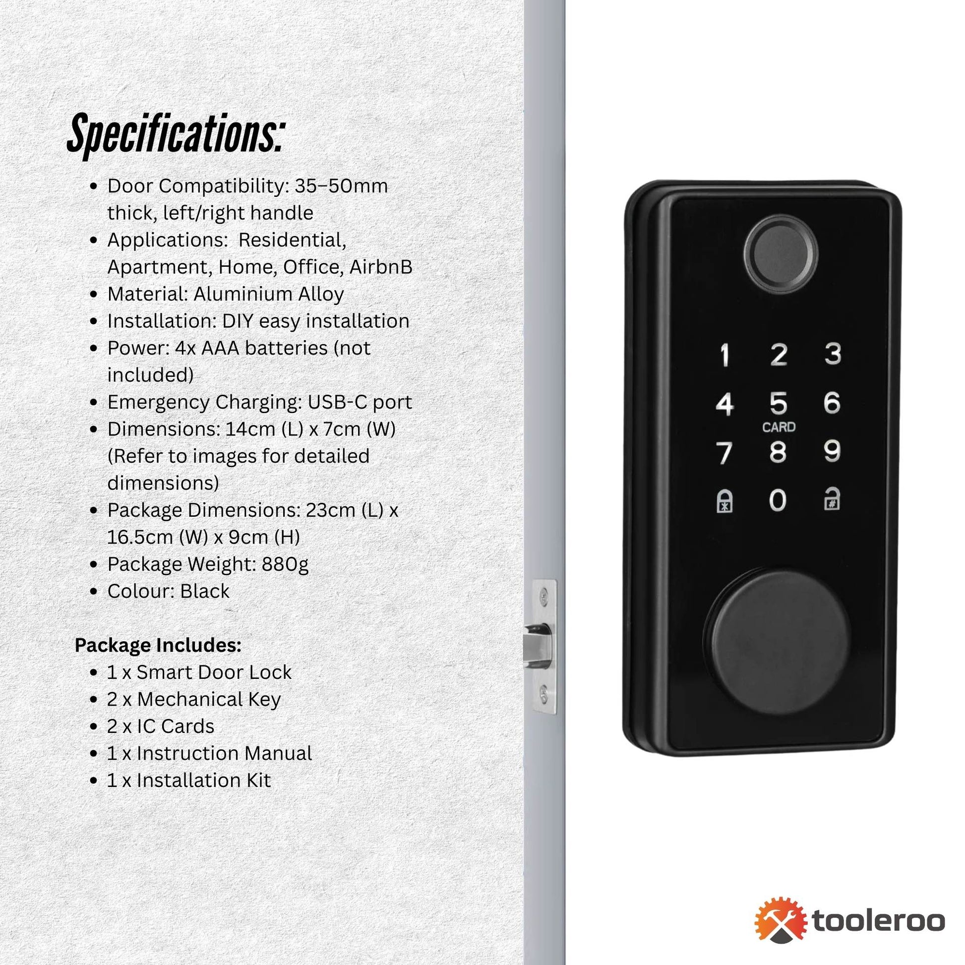 Smart door lock with specifications on a white background