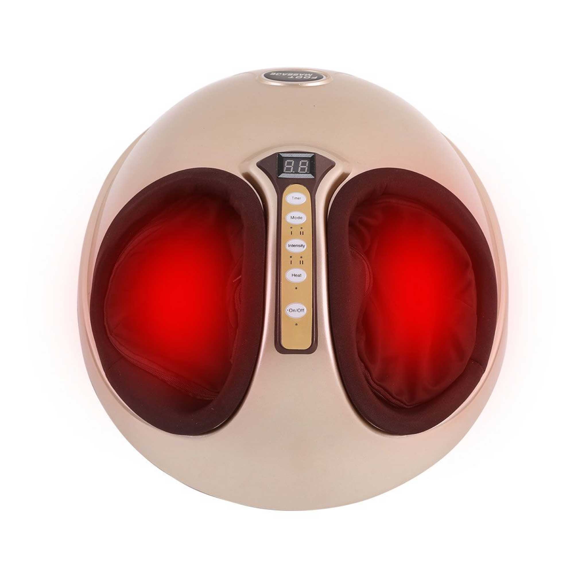 Rose gold foot massager with red interior on a white background