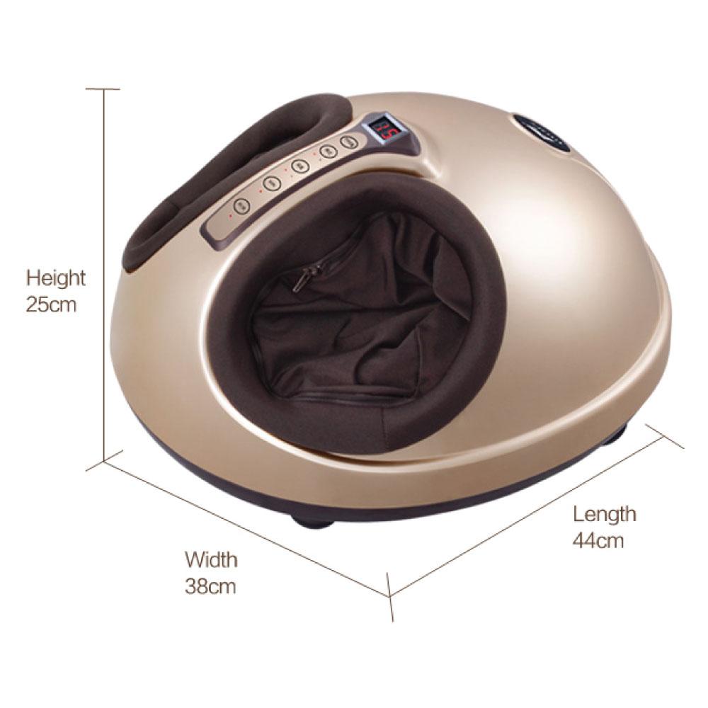 Gold and brown foot massager with dimensions labeled on a white background