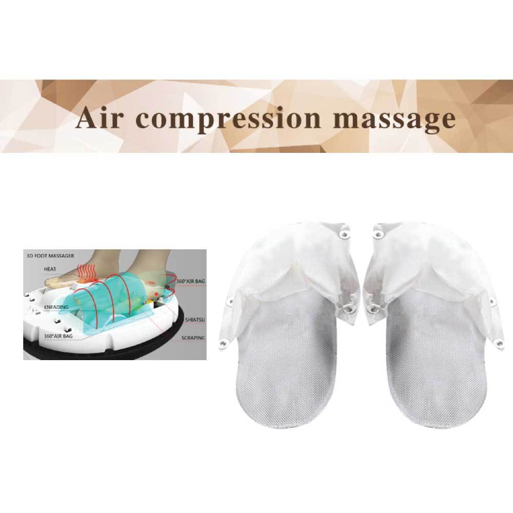 Air compression massage device with text 'Air compression massage' on a geometric patterned background.