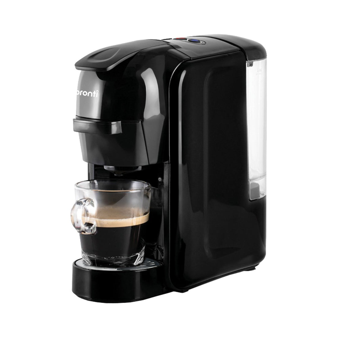 Black coffee machine with a clear glass cup on a white background