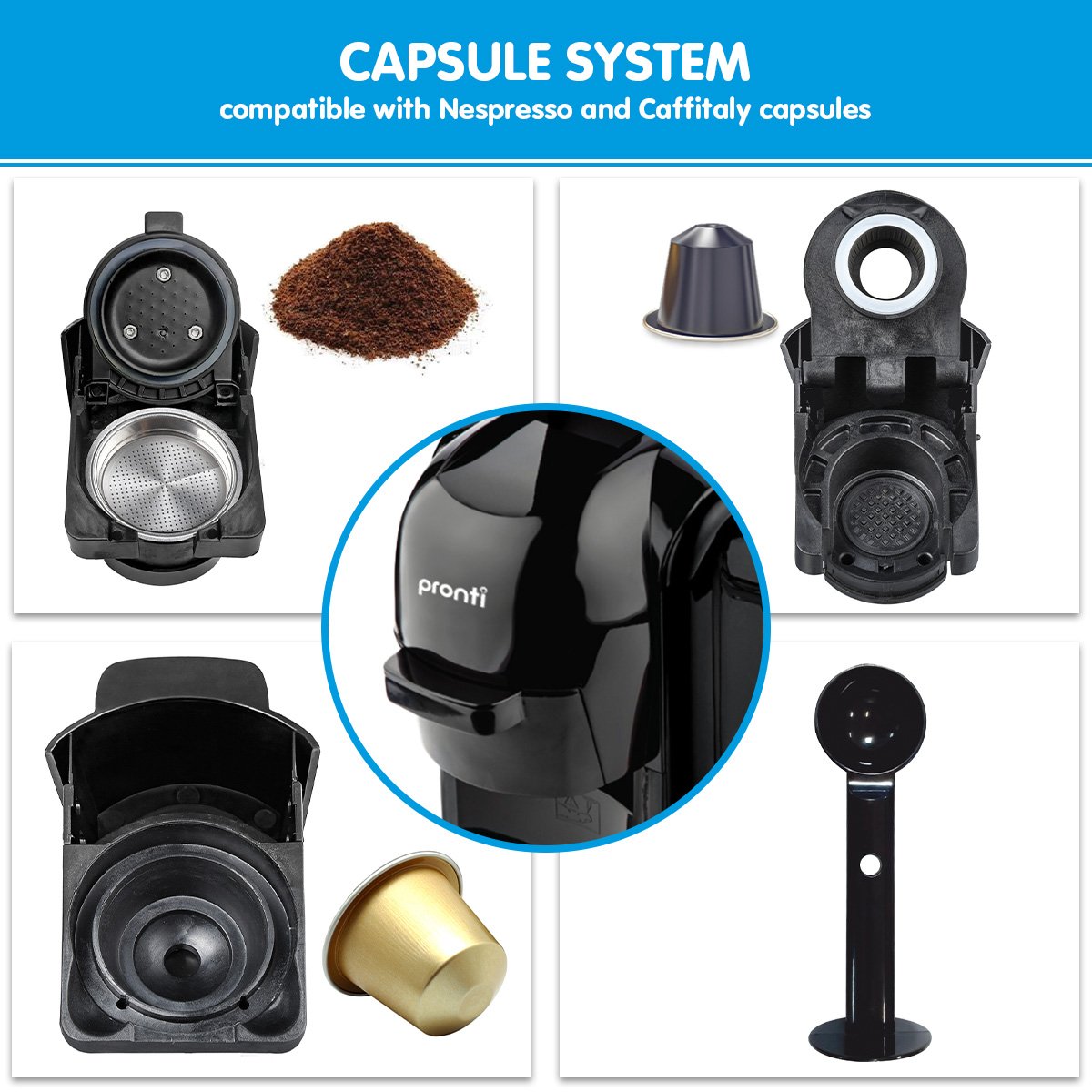 Collage of a capsule system compatible with Nespresso and Caffitaly capsules, featuring a Pronti branded device.