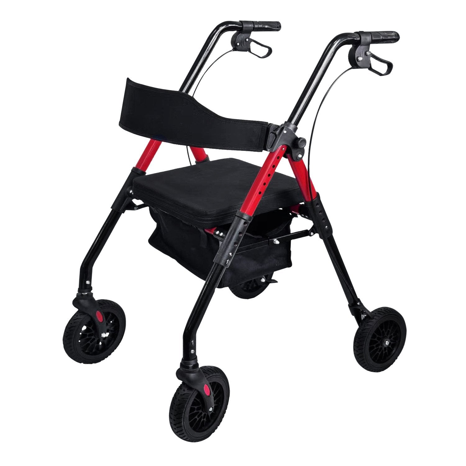 Black and red rollator with a seat on a white background