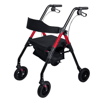 Black and red rollator with a seat on a white background