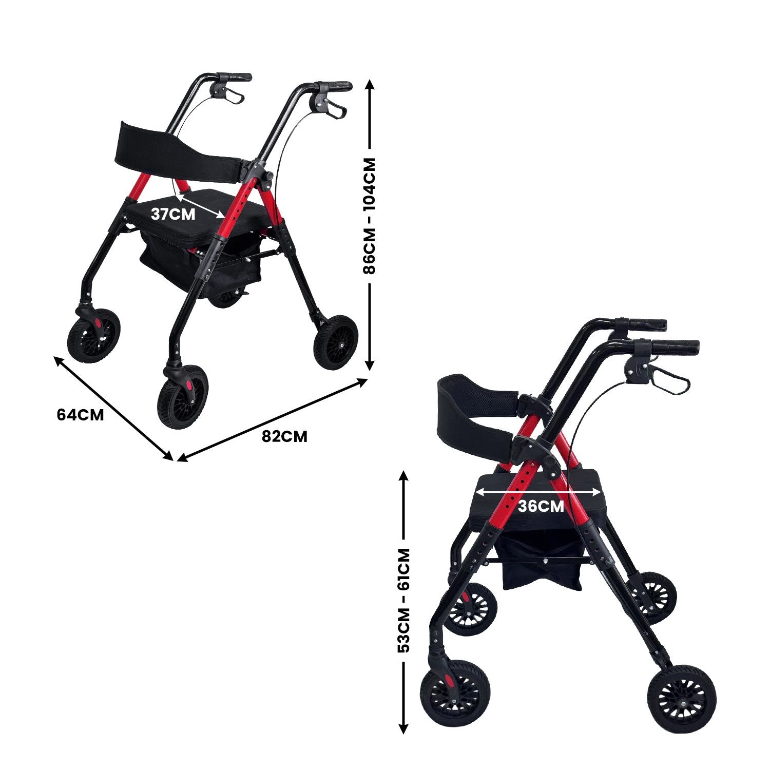 Measurement chart of a black and red walker with dimensions labeled.