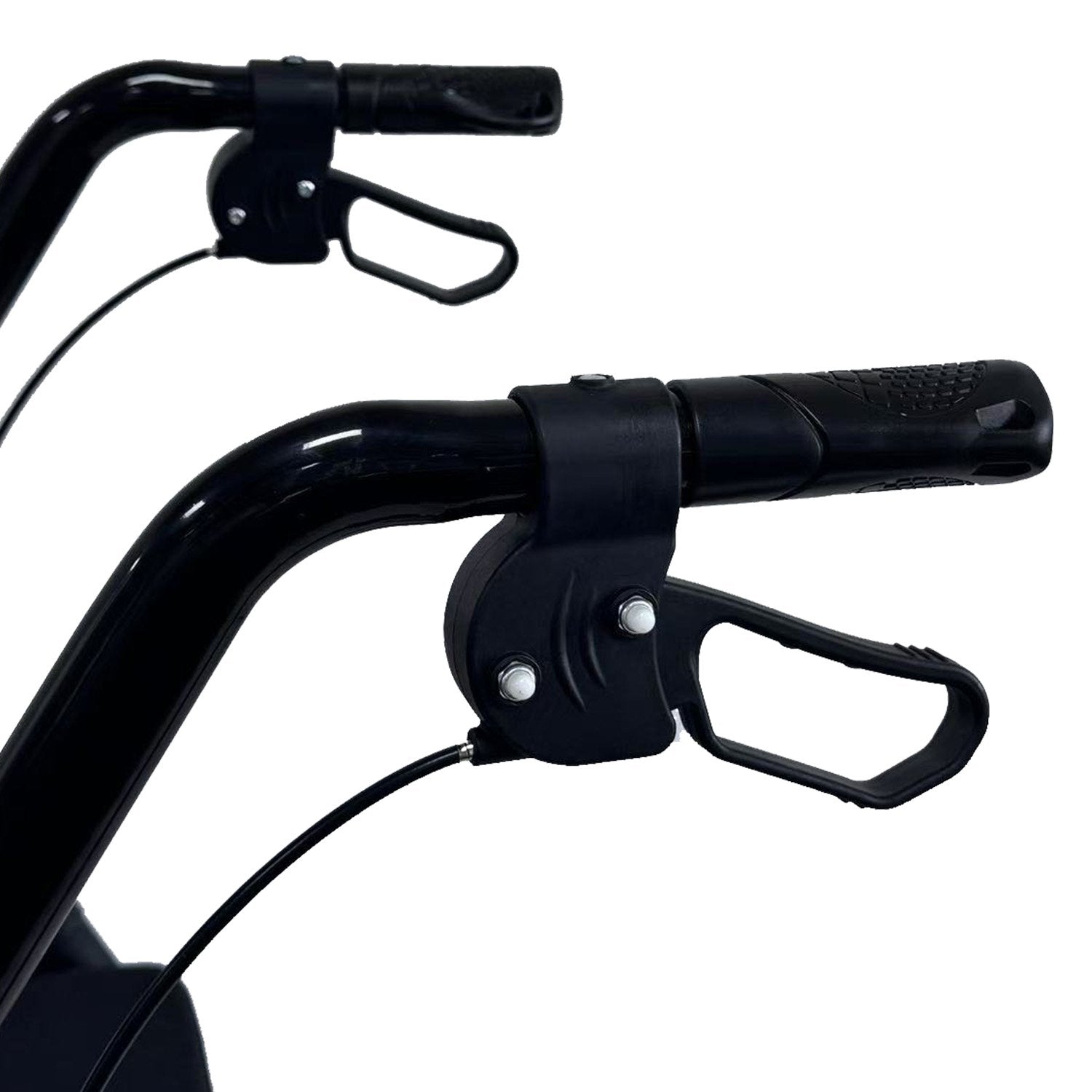 Close-up of black motorcycle handlebar with throttle and brake lever on a white background