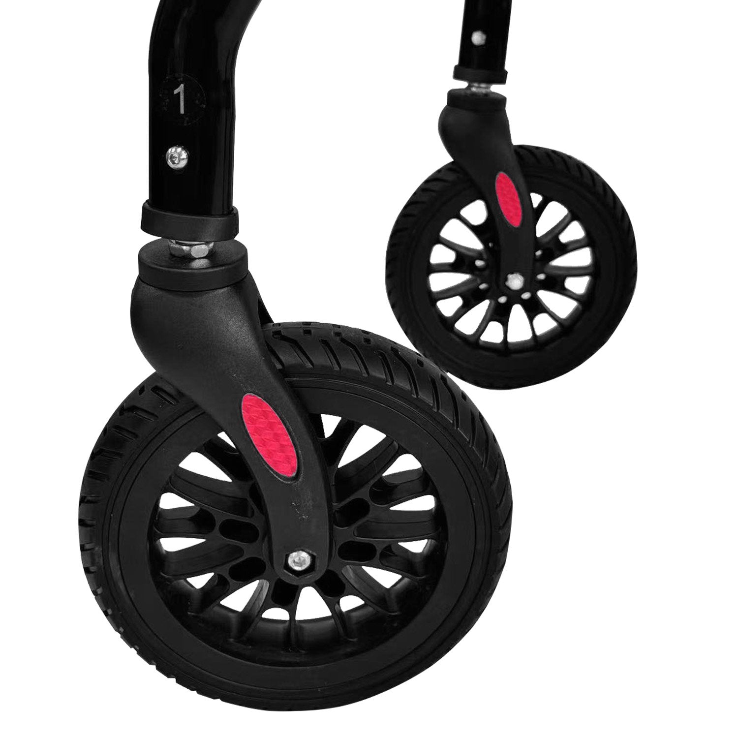 Two black scooter wheels with red accents on a white background
