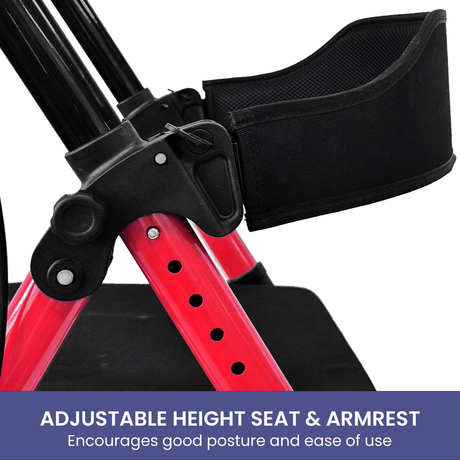 Close-up of an adjustable height seat and armrest on a red chair with text indicating its benefits.