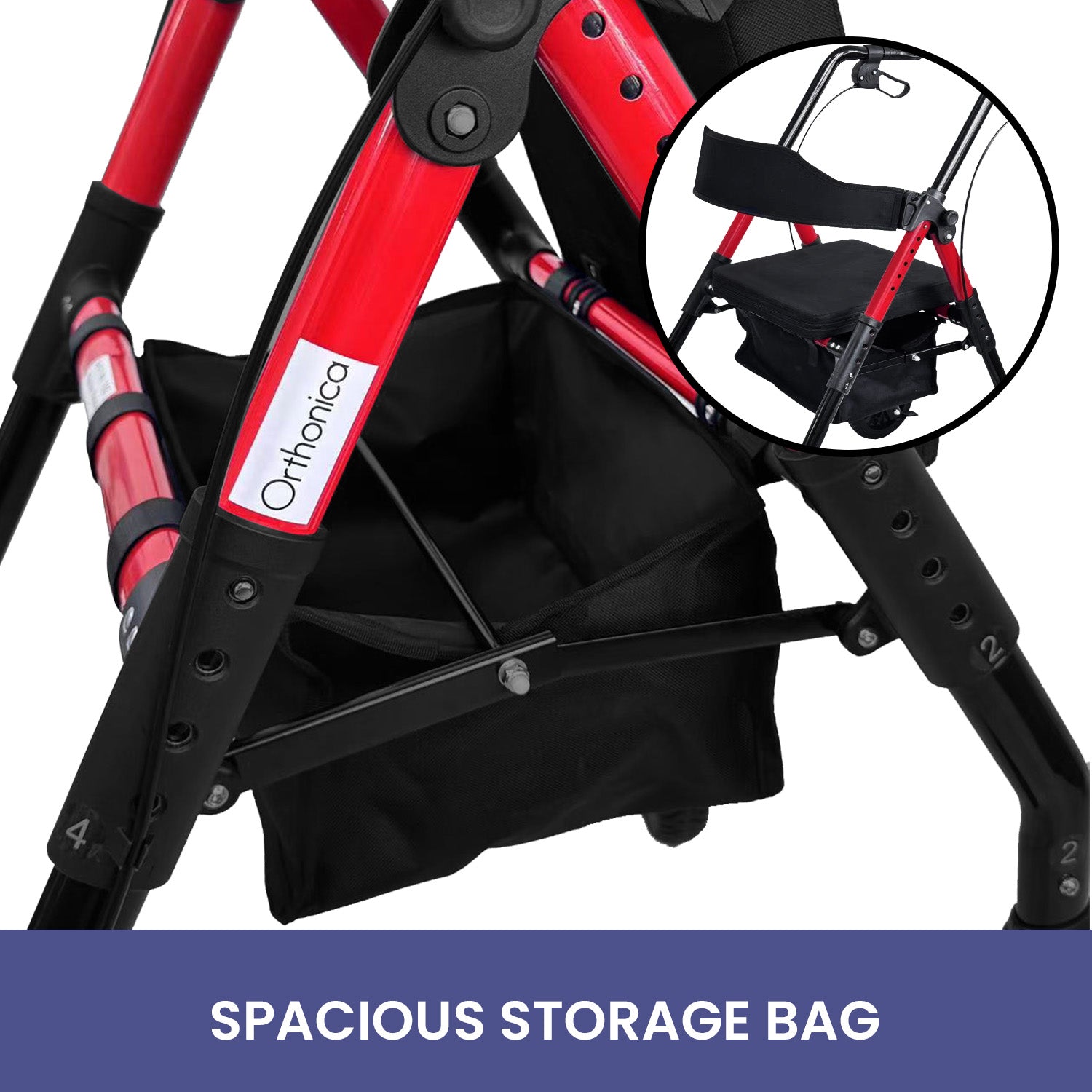 Black and red stroller with a spacious storage bag and Oribelica branding.