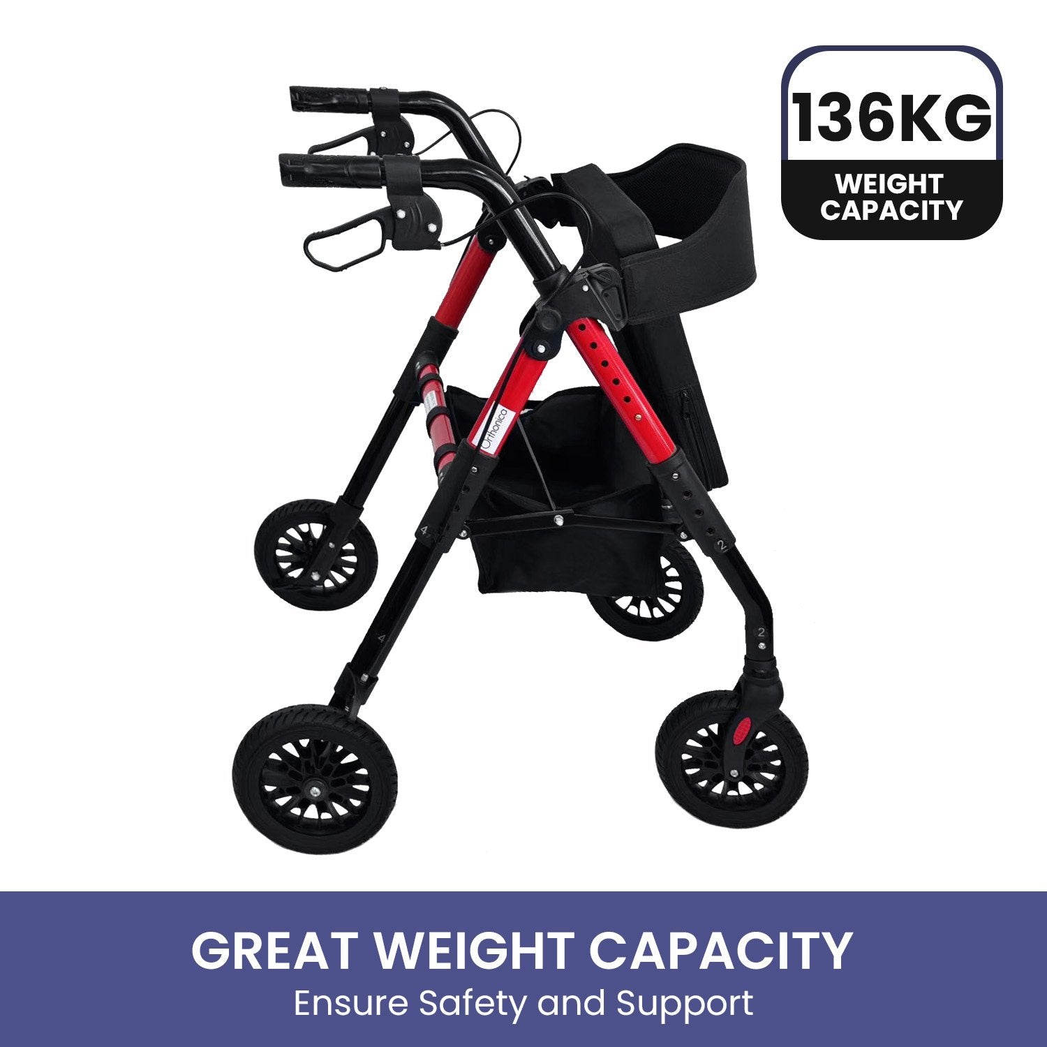 Black and red walker with weight capacity label on a white background