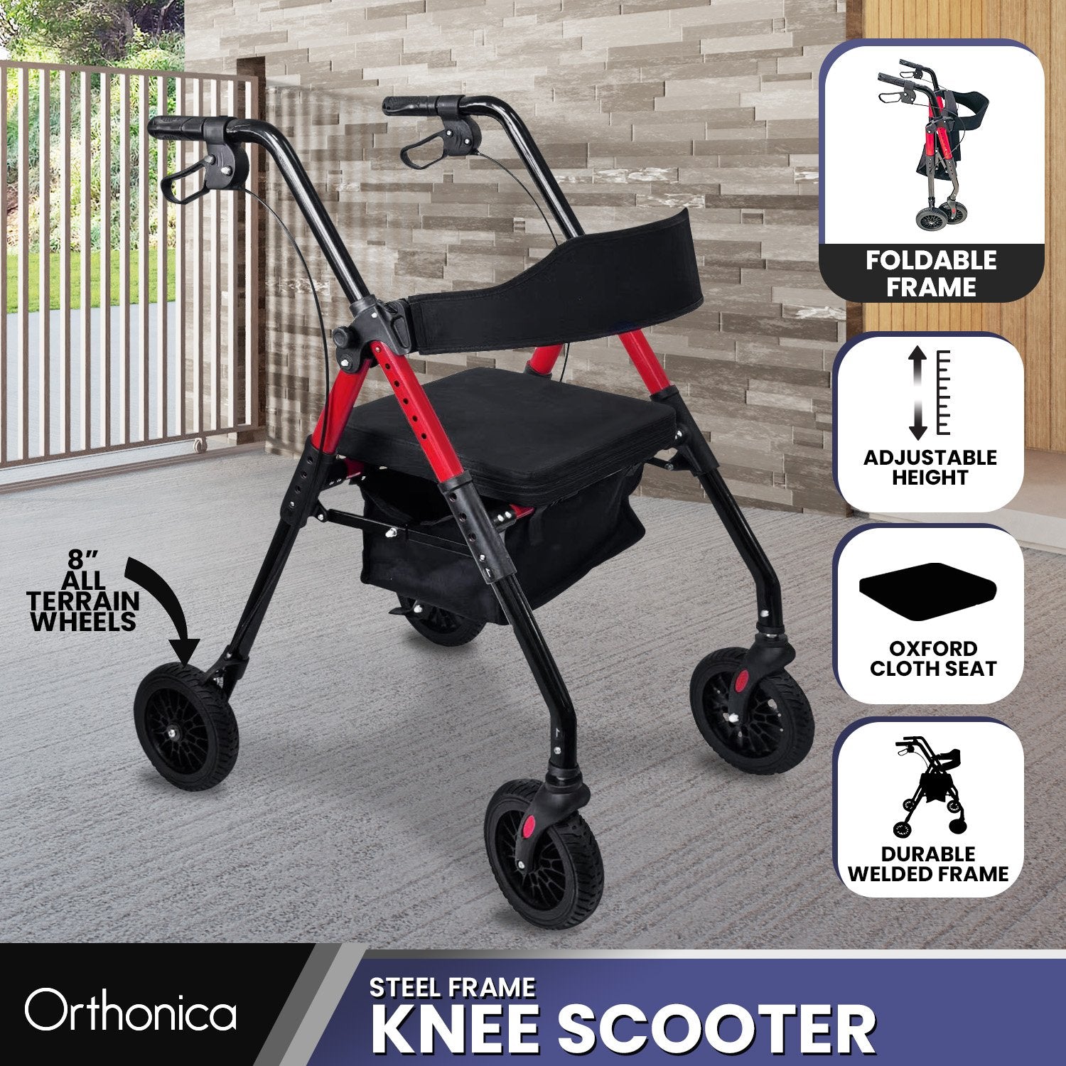 Knee scooter with features highlighted on a gray floor.