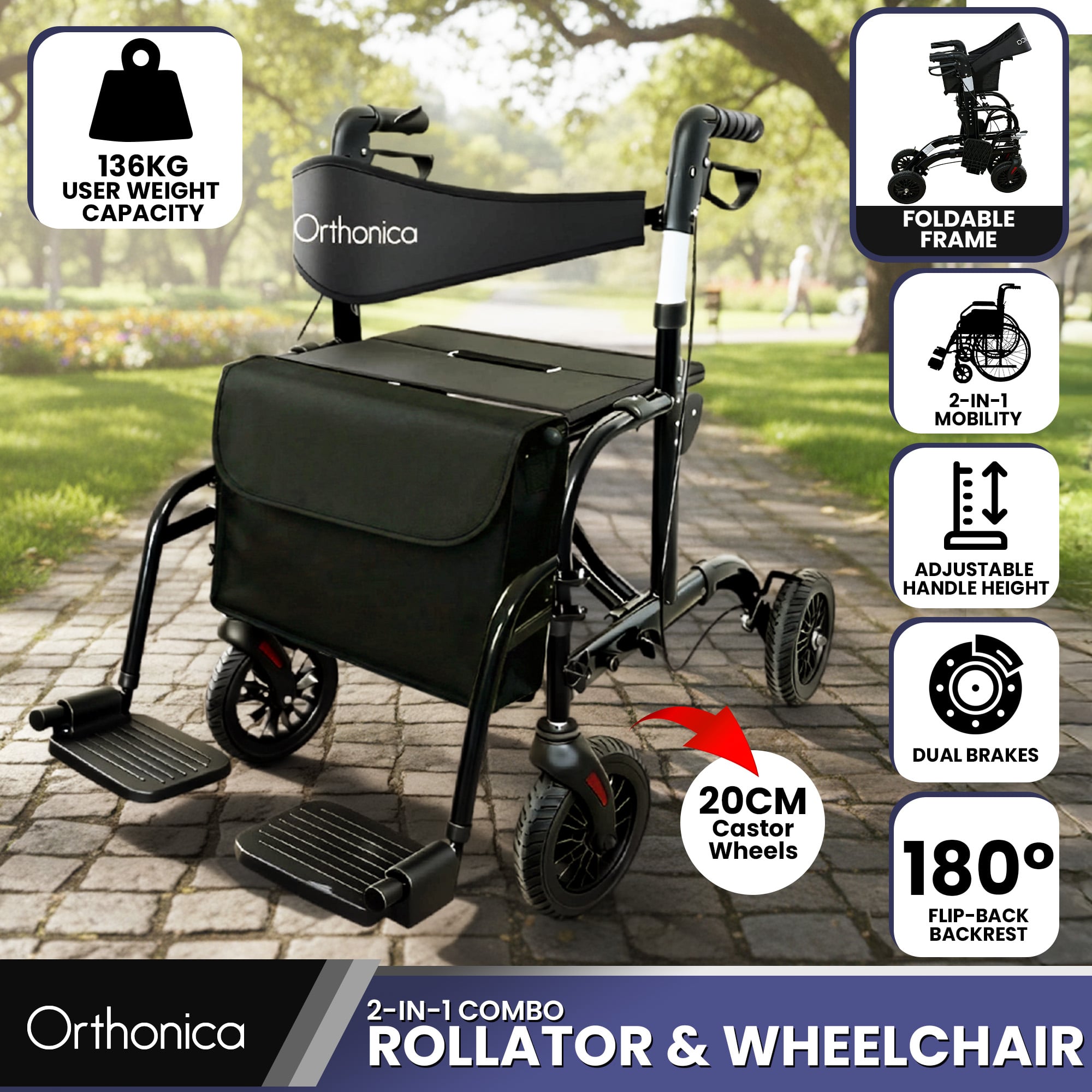 Orthonica rollator and wheelchair combo with features highlighted on a park background