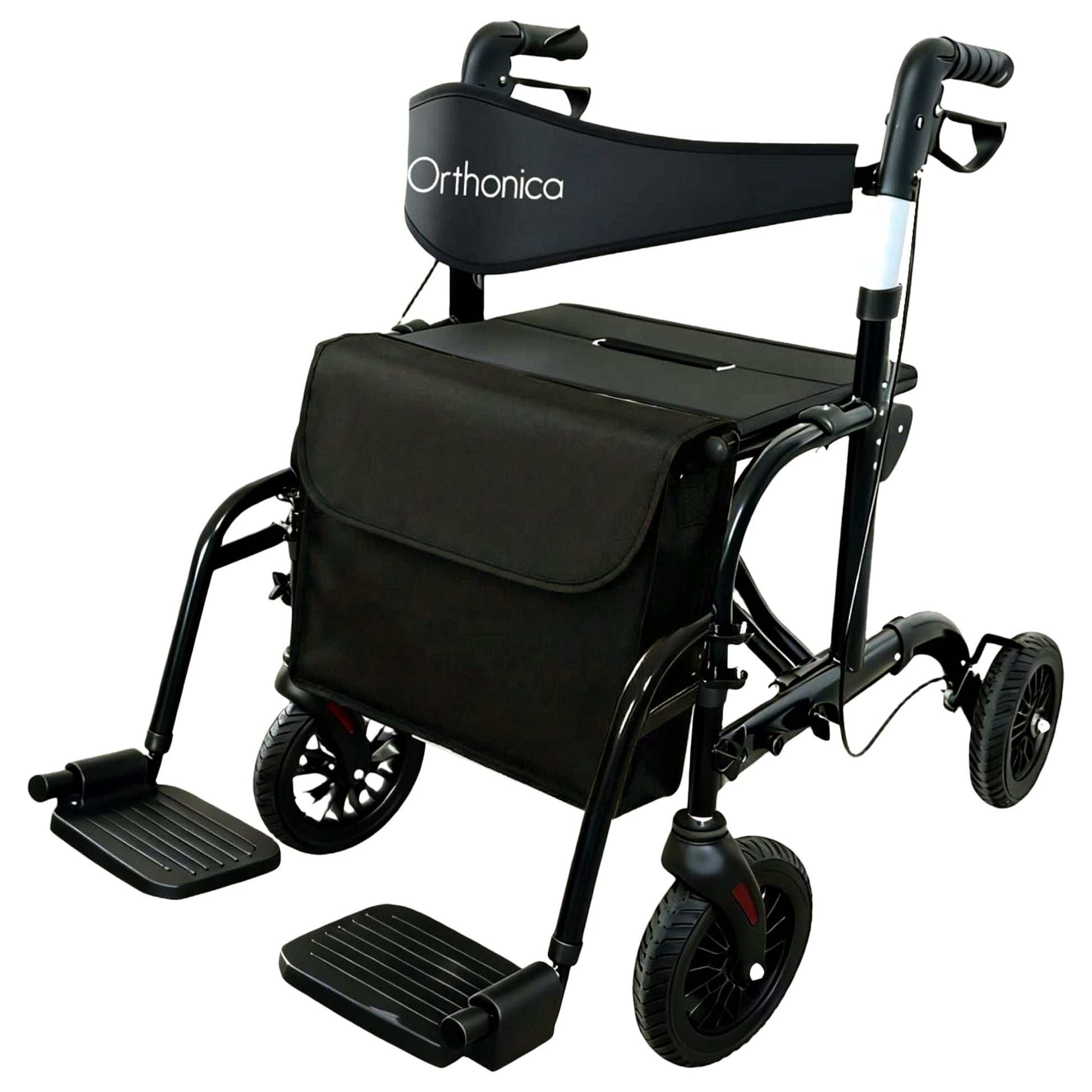 Black rollator with Orthonica branding on a white background