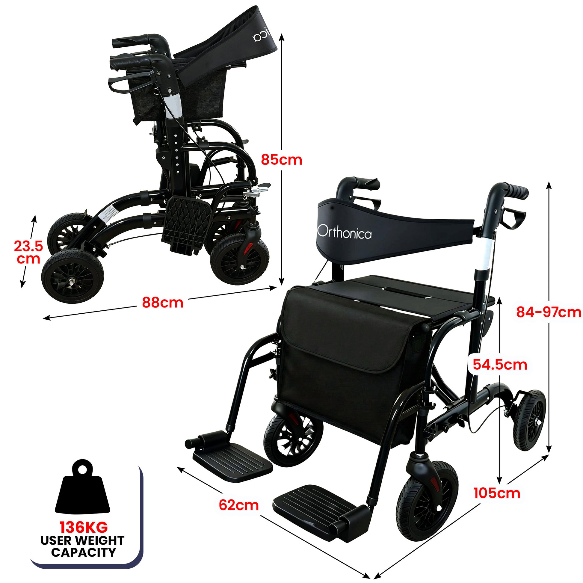 Black rollator with dimensions and capacity details on a white background