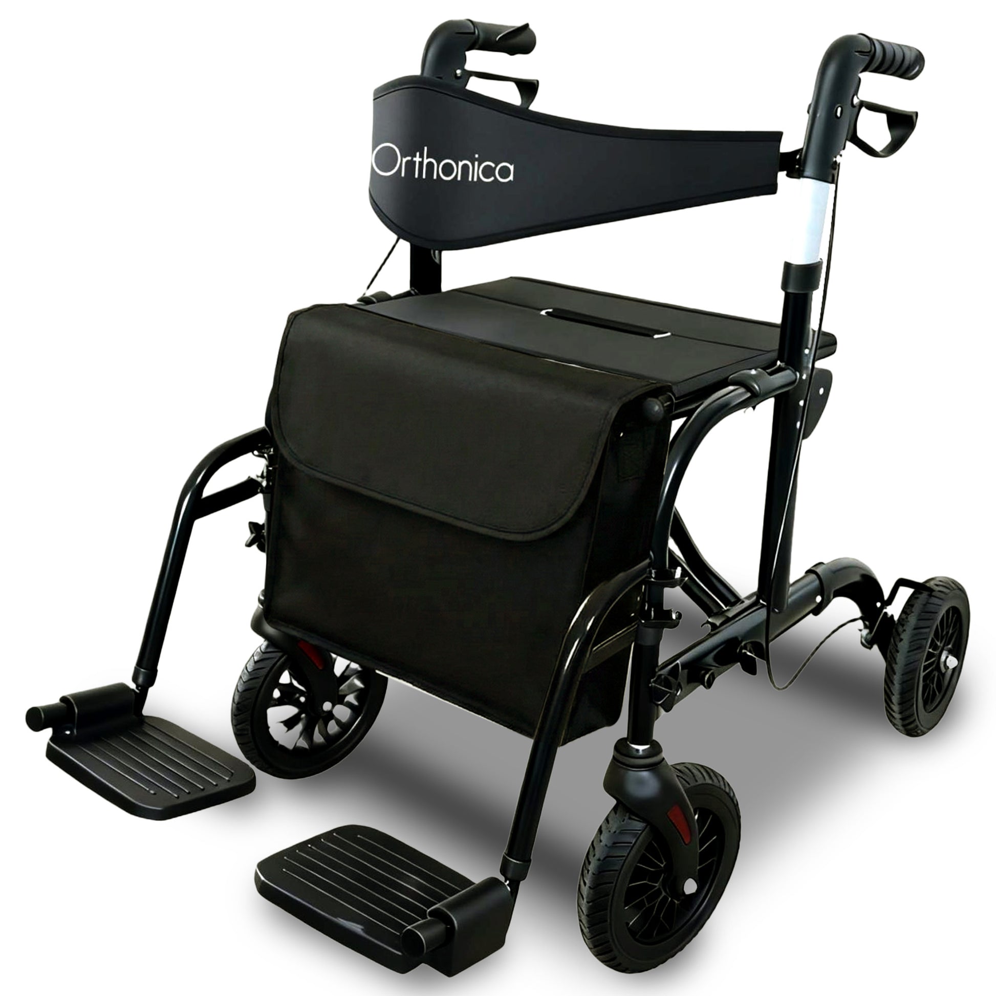 Black rollator with Orthonica branding on a white background