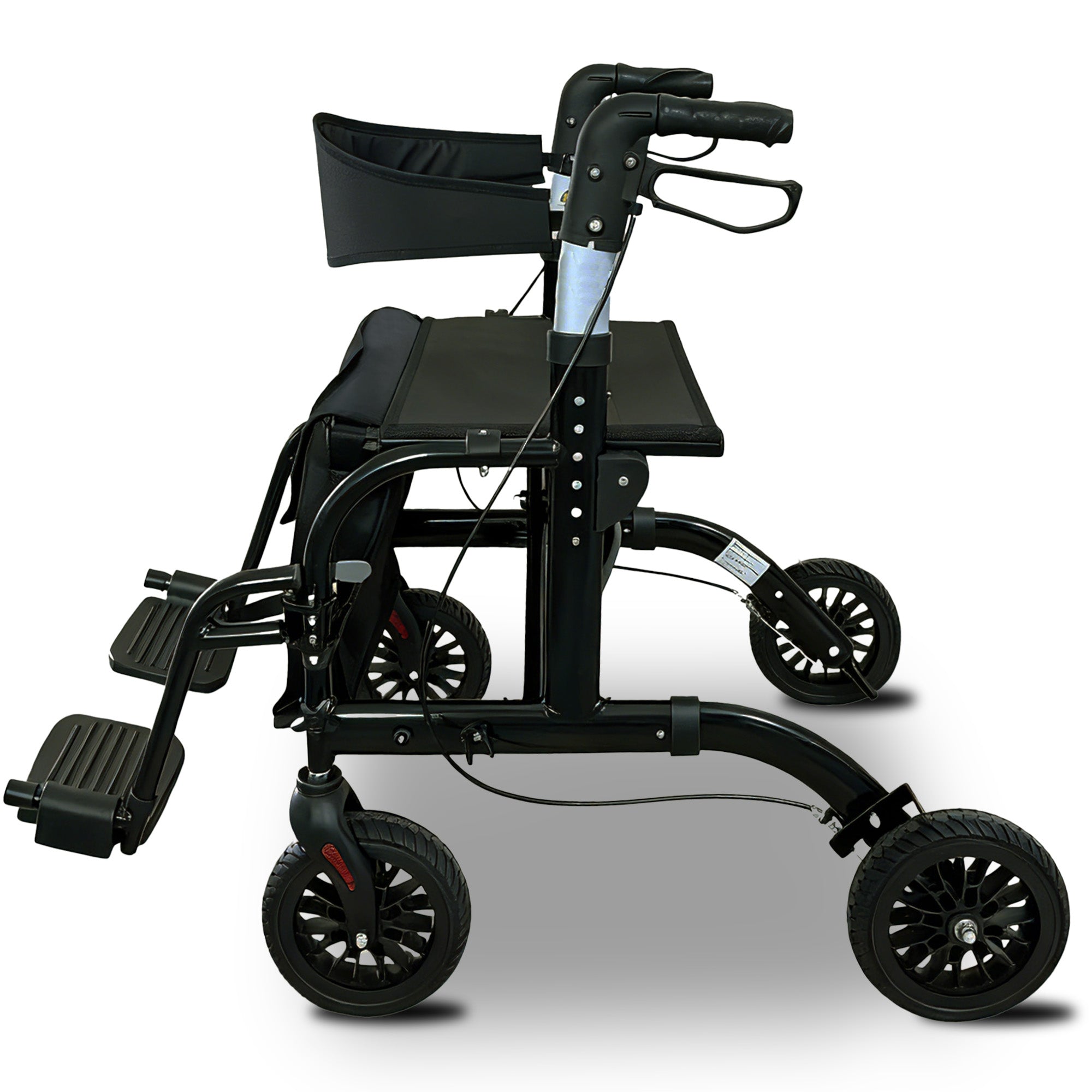 Black three-wheeled mobility device on a white background