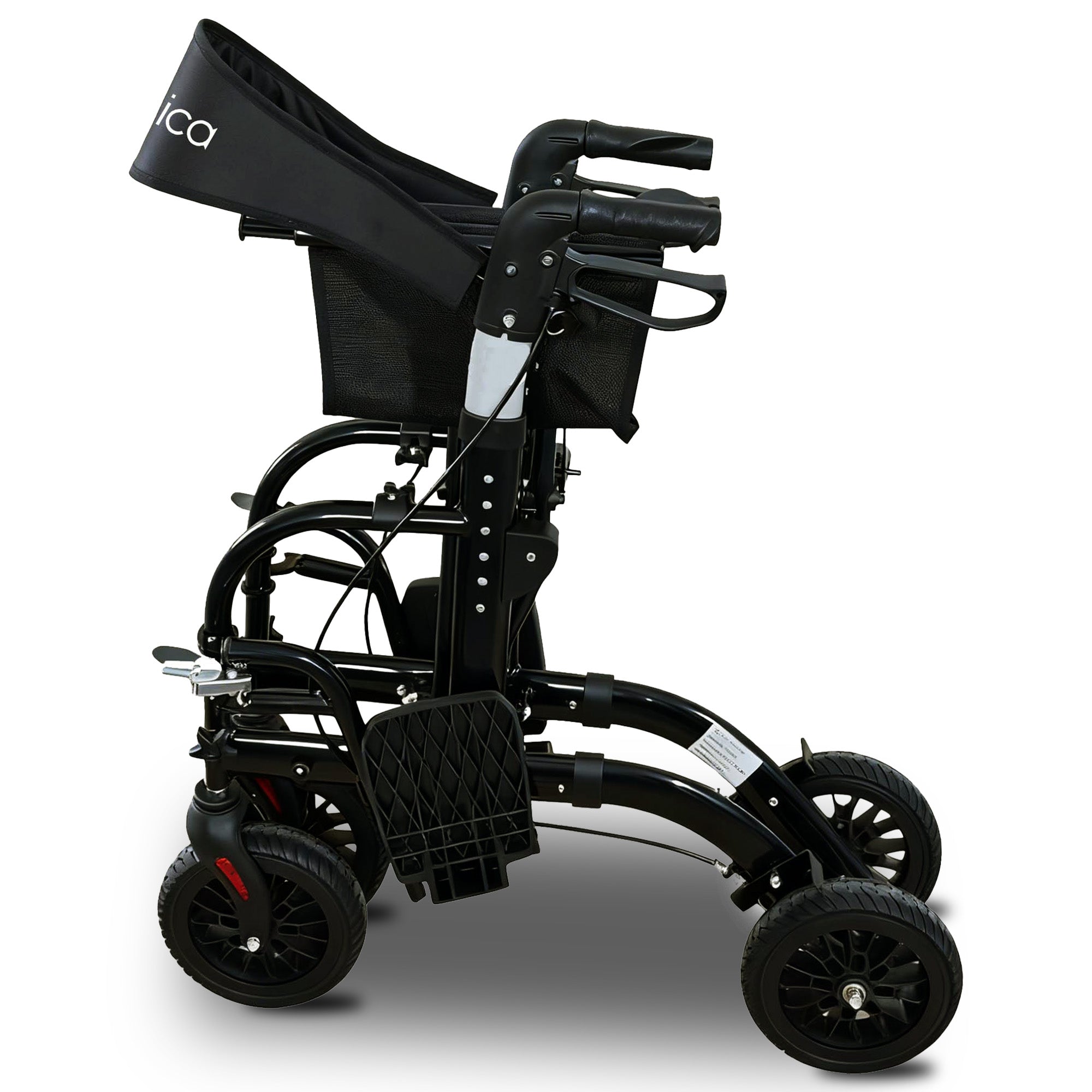 Black folding scooter with a basket on a white background