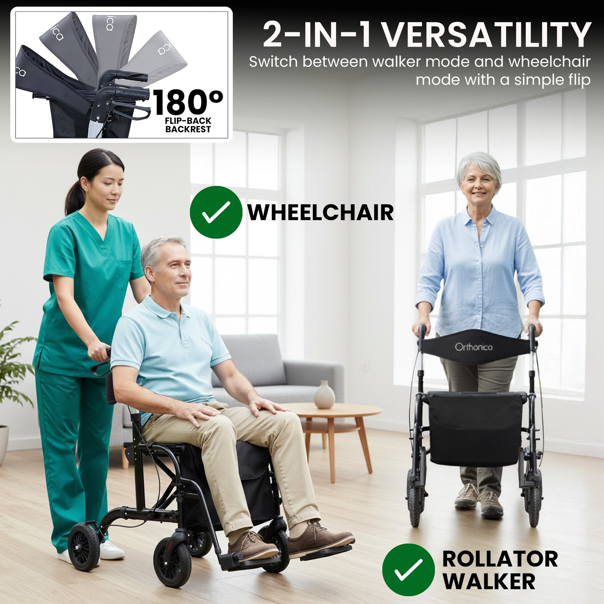 Multifunctional mobility device with wheelchair and rollator walker modes, shown in use by a caregiver and two elderly individuals.