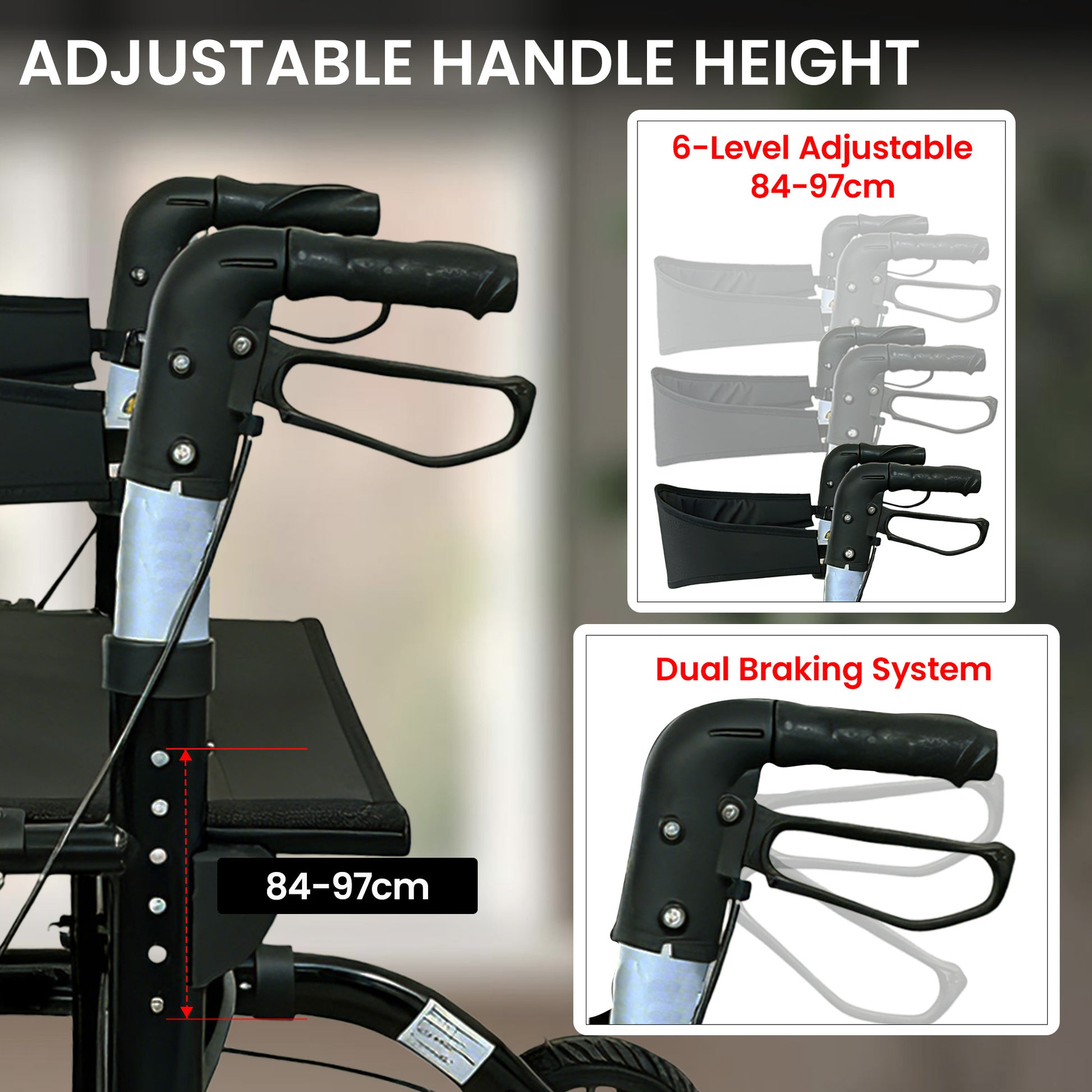 Adjustable handle height feature of a mobility scooter with dual braking system illustration.