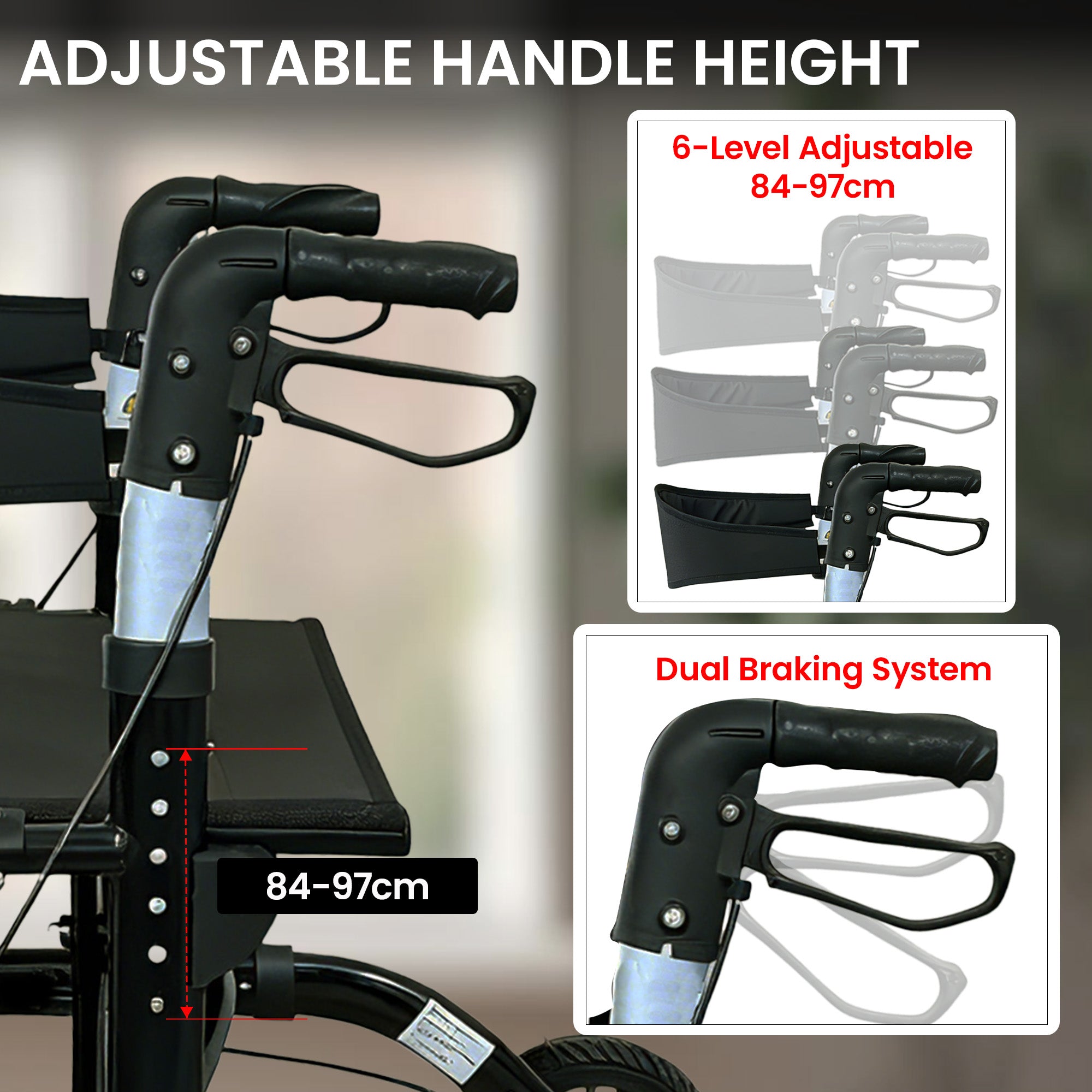 Adjustable handle height feature of a mobility scooter with dual braking system illustration.