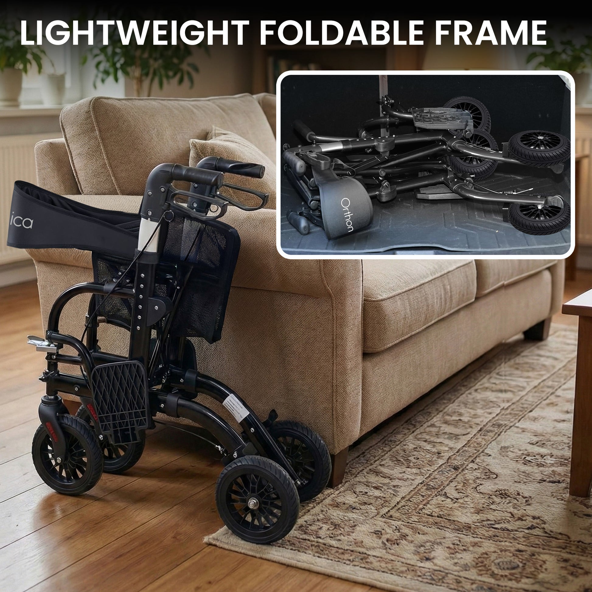 Foldable wheelchair in a living room setting with an inset showing the folded state.