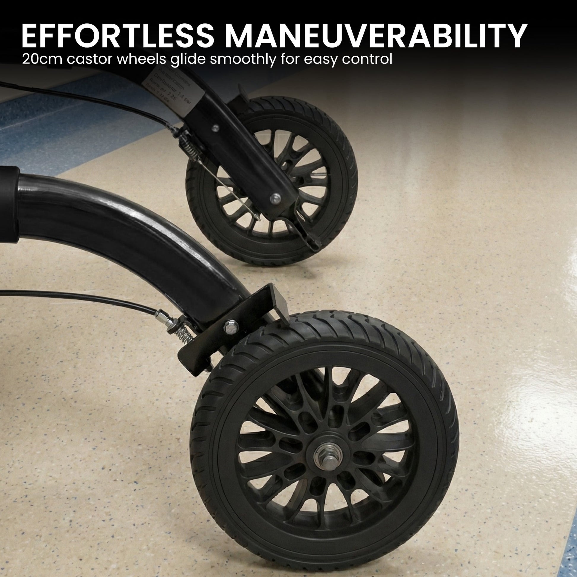 Close-up of a stroller wheel with text highlighting effortless maneuverability.