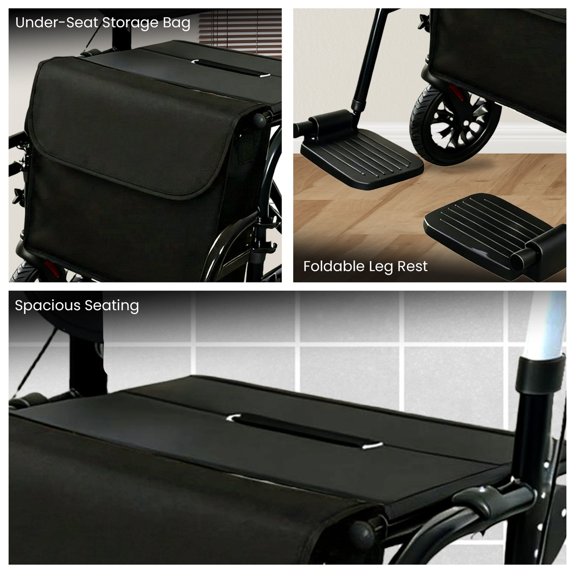Collage of features including under-seat storage bag, foldable leg rest, and spacious seating of a wheelchair.
