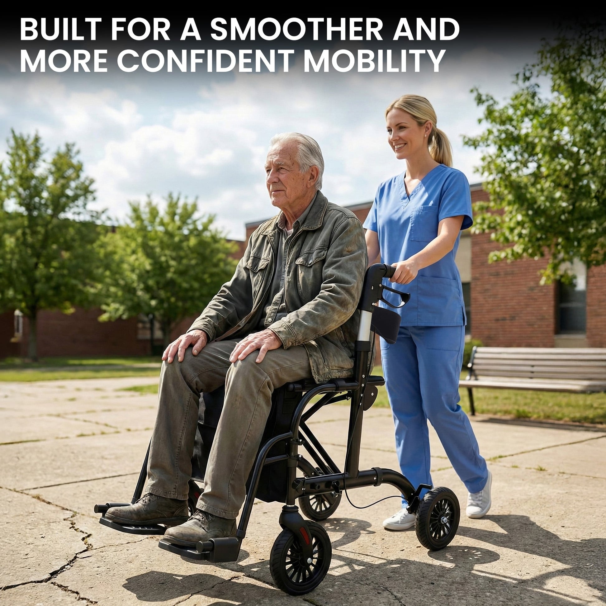 Man in a wheelchair being assisted by a woman in scrubs with text about smoother mobility.