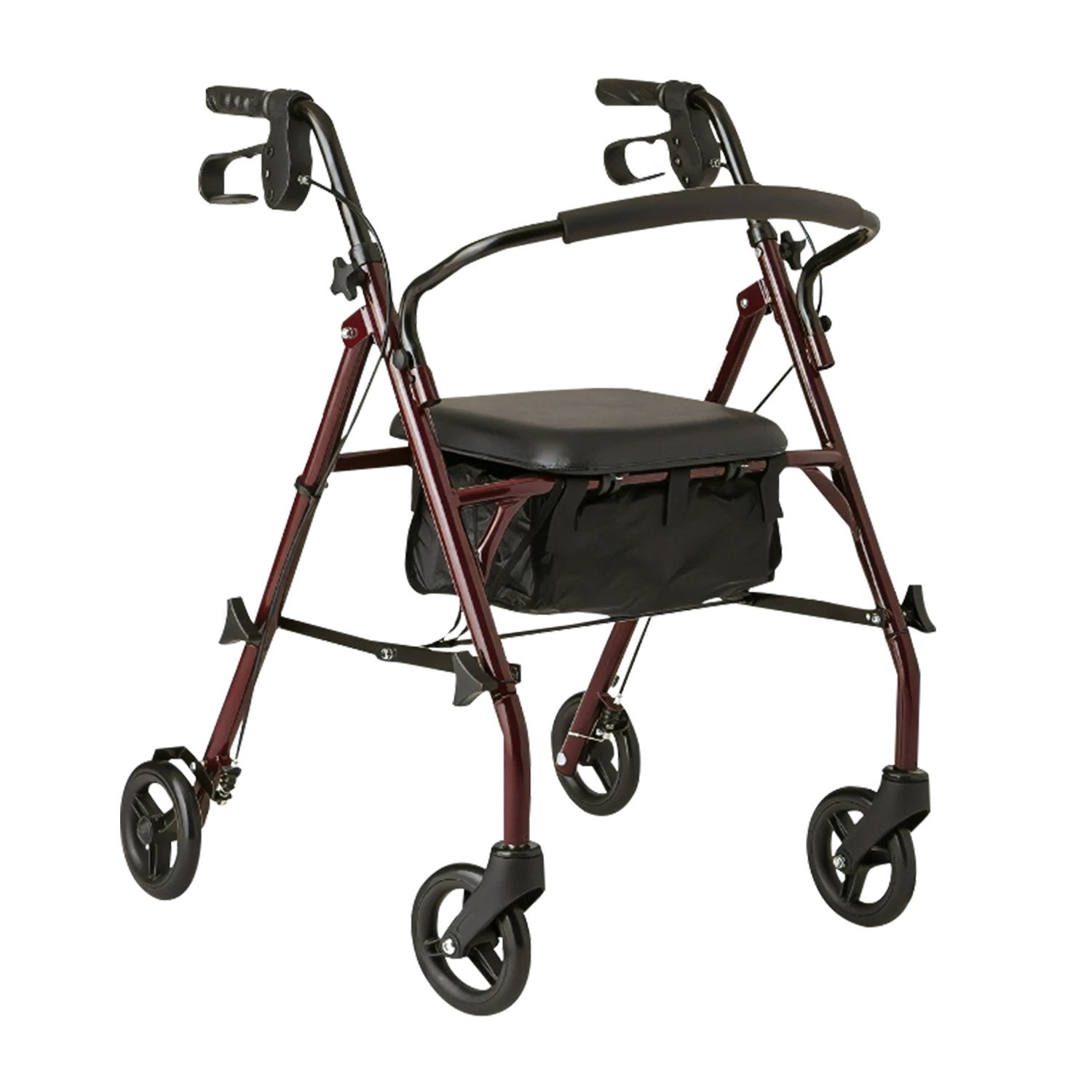 Red rollator with a black seat on a white background